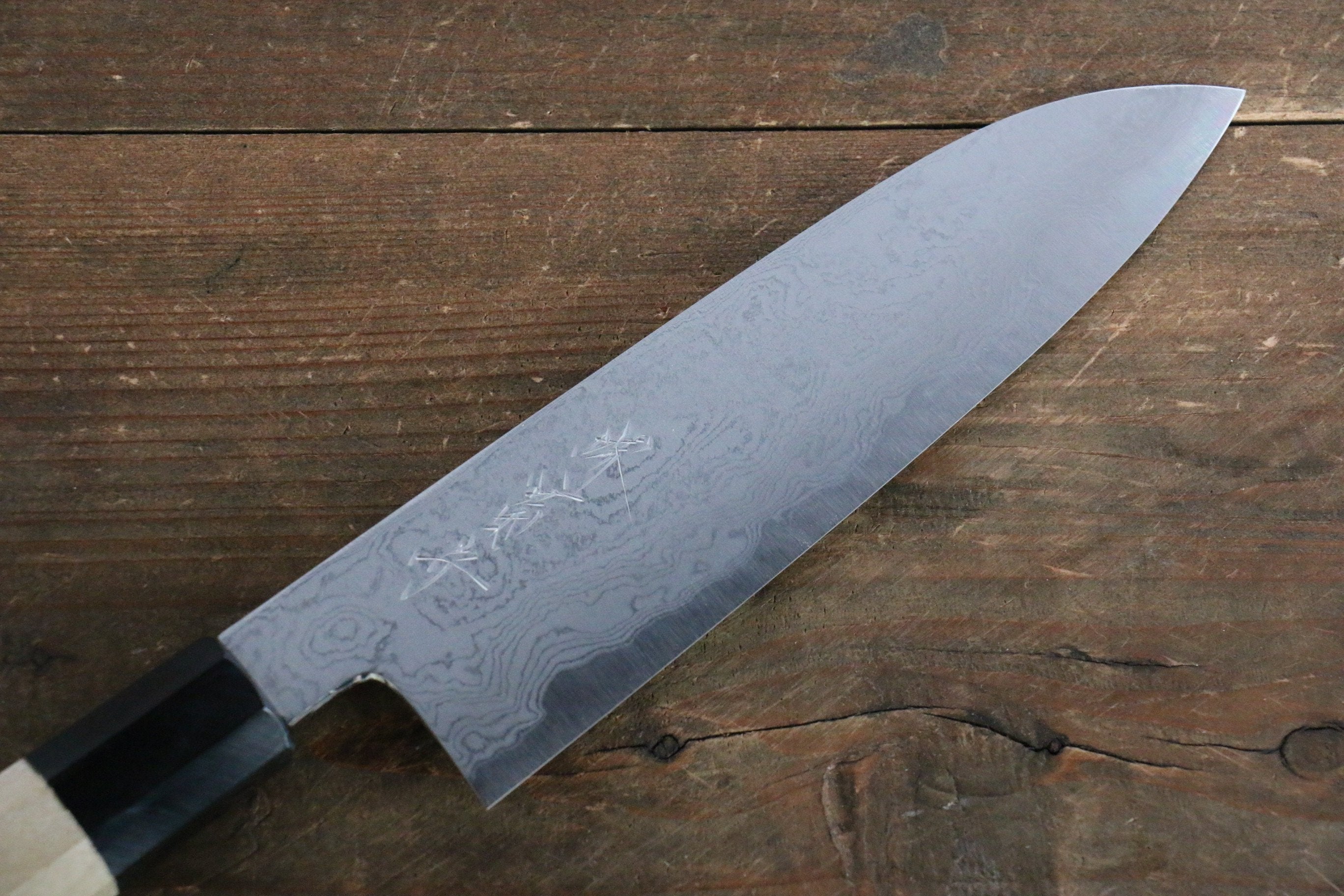Premium Kikumori Blue Steel No.1 Damascus Santoku Knife 180mm with Magnolia Wood Handle - Japanese Chef Knife for Slicing, Dicing & Chopping Vegetables, Meat & Fish
