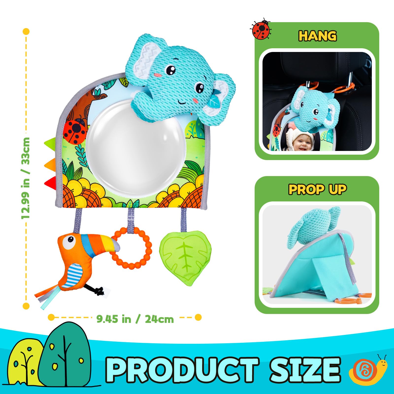Baby Car Seat Toys - Mirror, Teether & Crinkle Paper for Travel & Tummy Time