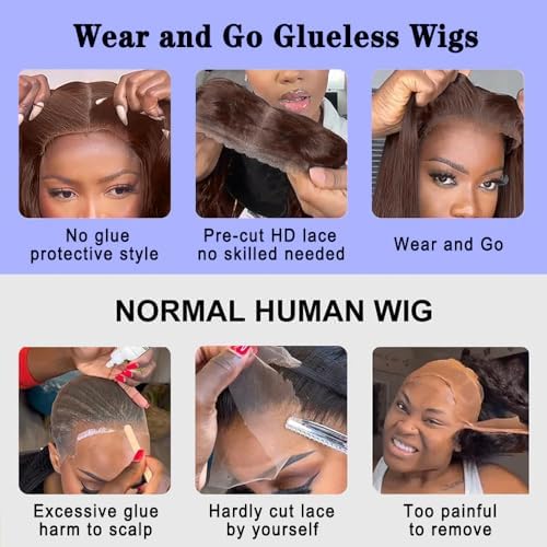 7x5 Glueless Human Hair Wigs - 24 Inch Pre Plucked Body Wave Lace Front Wig | 220% Density Chocolate Brown | No Glue Needed | Instant Wear | Perfect for Daily Use, Parties & Special Occasions