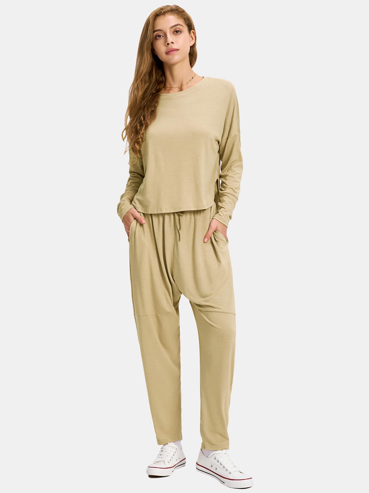 Byinns Women's 2 Piece Lounge Set - Soft Loose Matching Sweatsuit with Long Sleeve Top & Pants - Casual Tracksuit for Travel, Fall Season, Home Relaxation, Yoga & Coffee Dates