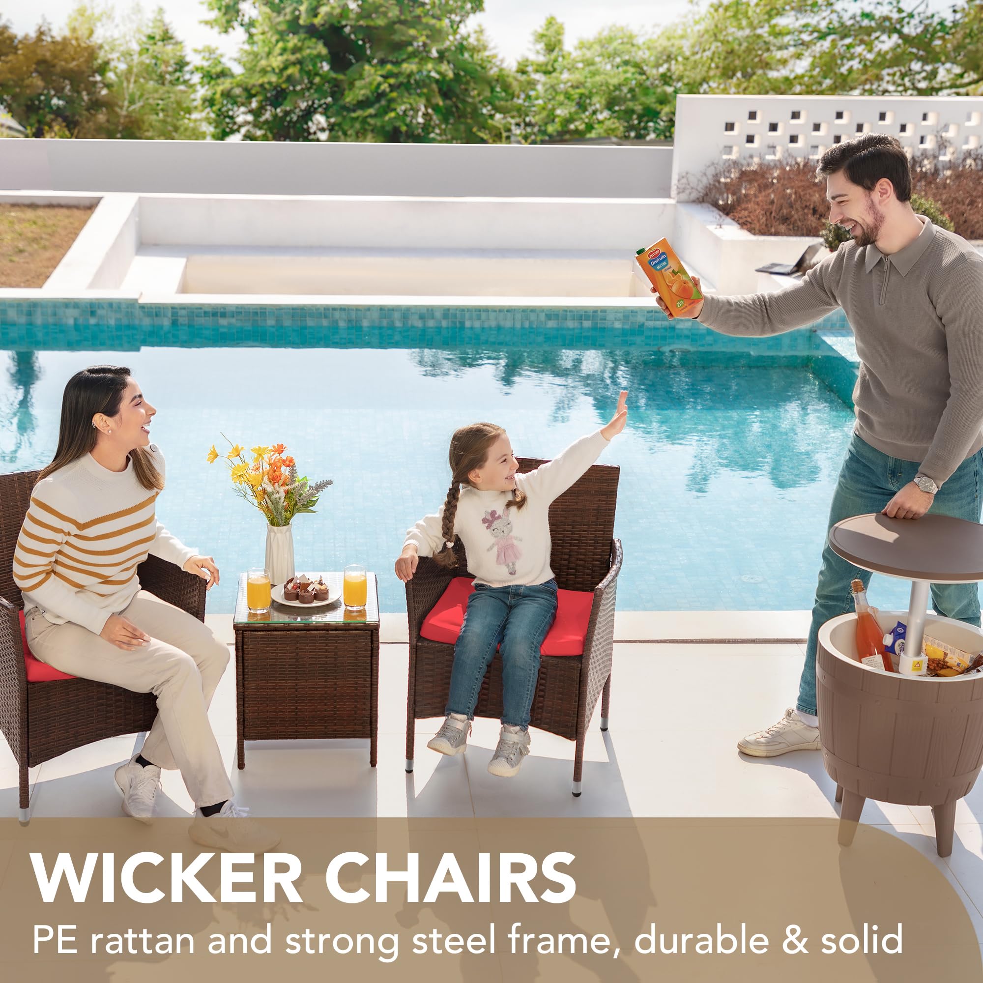 Devoko 3-Piece PE Rattan Wicker Patio Furniture Set - Outdoor Garden Chairs with Table in Brown/Red - Perfect for Porch, Backyard, Poolside & Terrace Relaxation