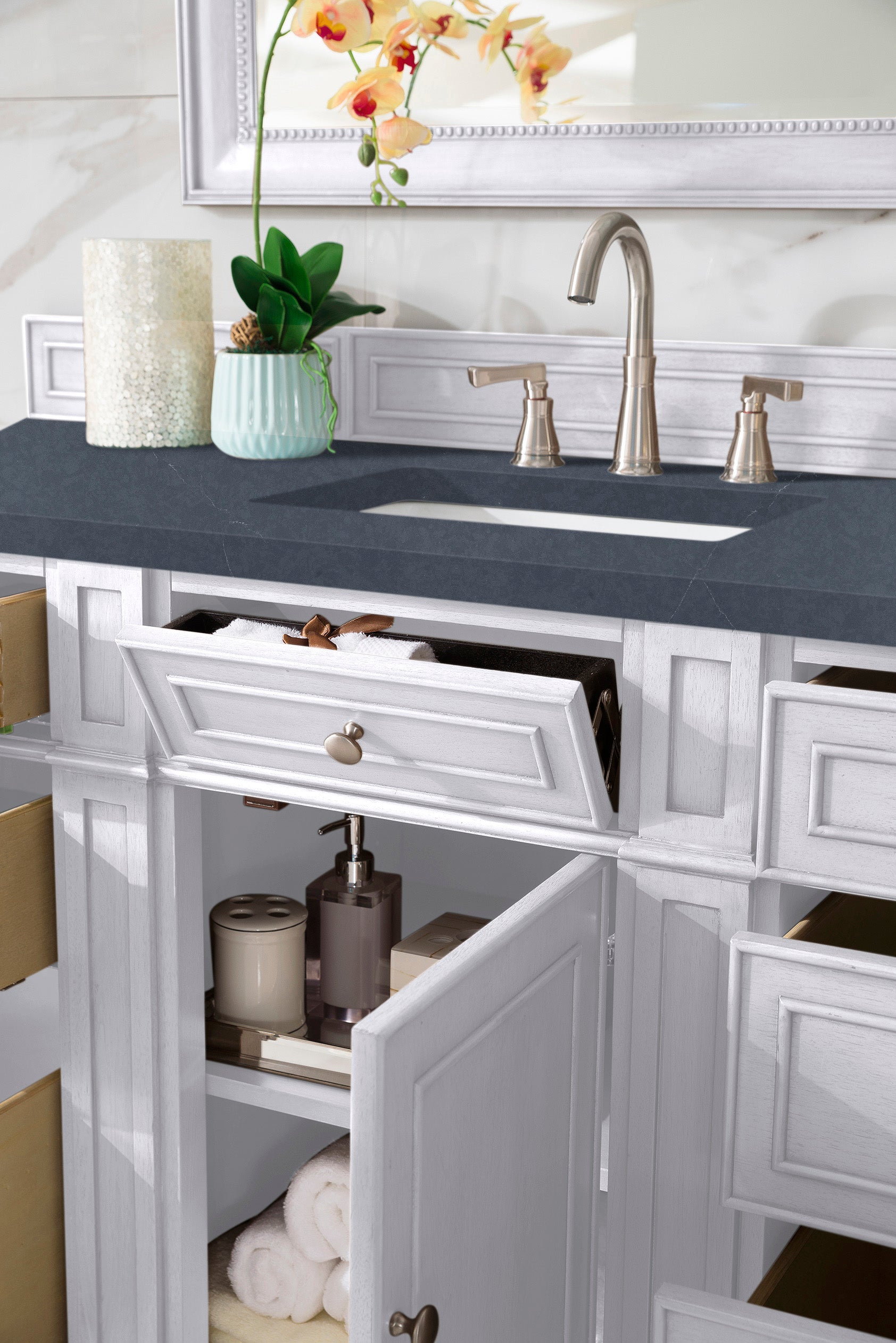 Bristol 60 Inch Single Bathroom Vanity Set with Bright White Finish & 3CM Charcoal Soapstone Quartz Countertop - Perfect for Modern Master Bathrooms and Guest Suites