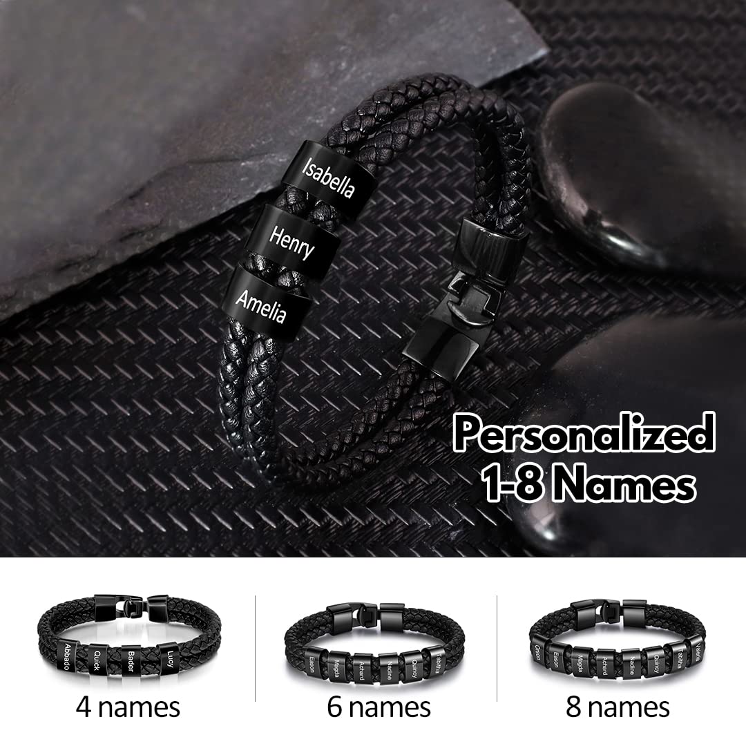 Custom Personalized Men's Leather Bracelet - Black Braided Rope with 1-8 Name Beads - Adjustable Wristband for Gifts, Couples, Father's Day & Everyday Wear