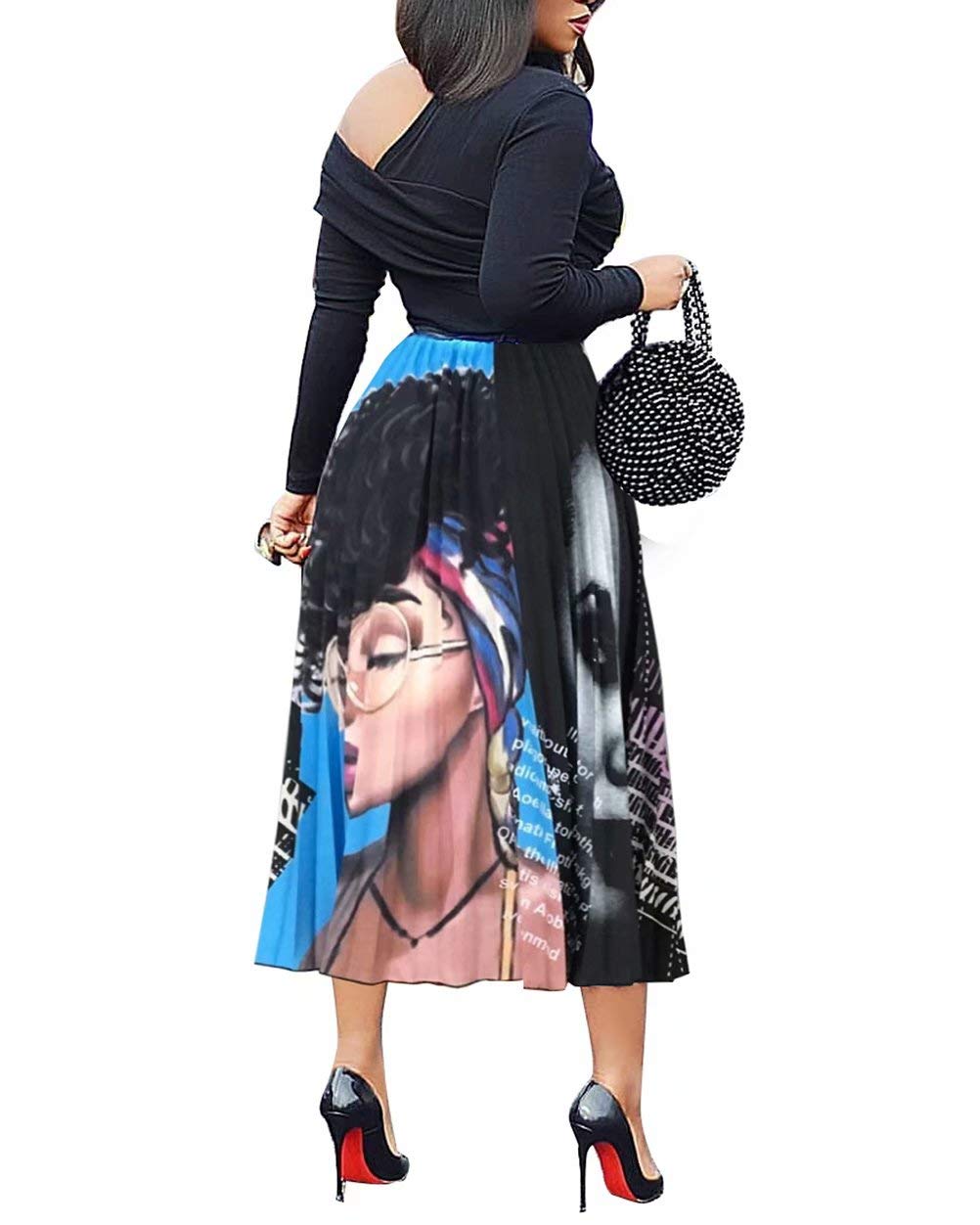 ThusFar Women's Graffiti Pleated Skirts - Cartoon Printed Elastic Waist A-Line Swing Midi Skirt for Casual Wear, Street Style & Summer Outfits