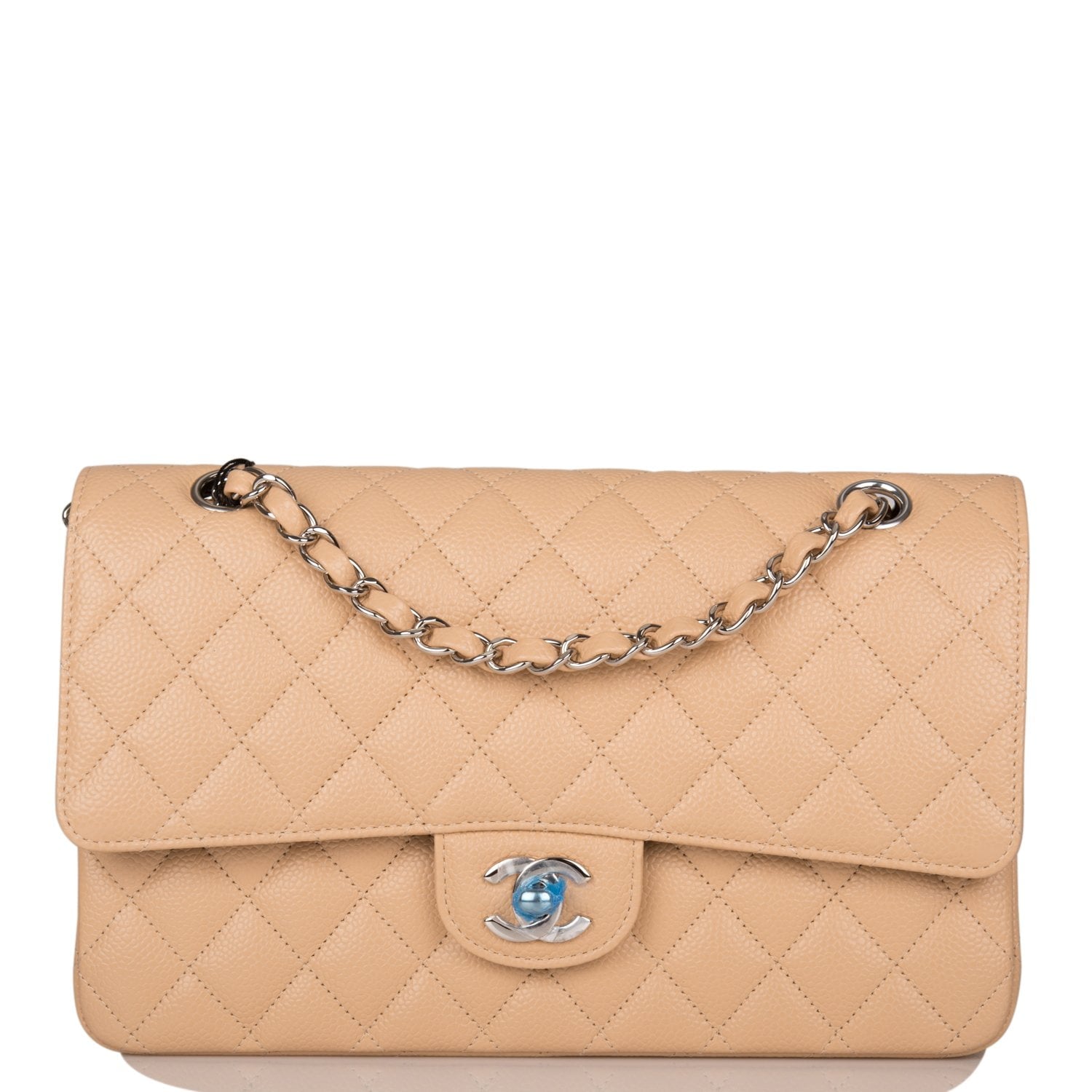 Chanel Medium Classic Double Flap Bag Beige Quilted Caviar Leather with Silver Hardware - Luxury Designer Handbag for Women, Perfect for Work, Evening Events & Special Occasions
