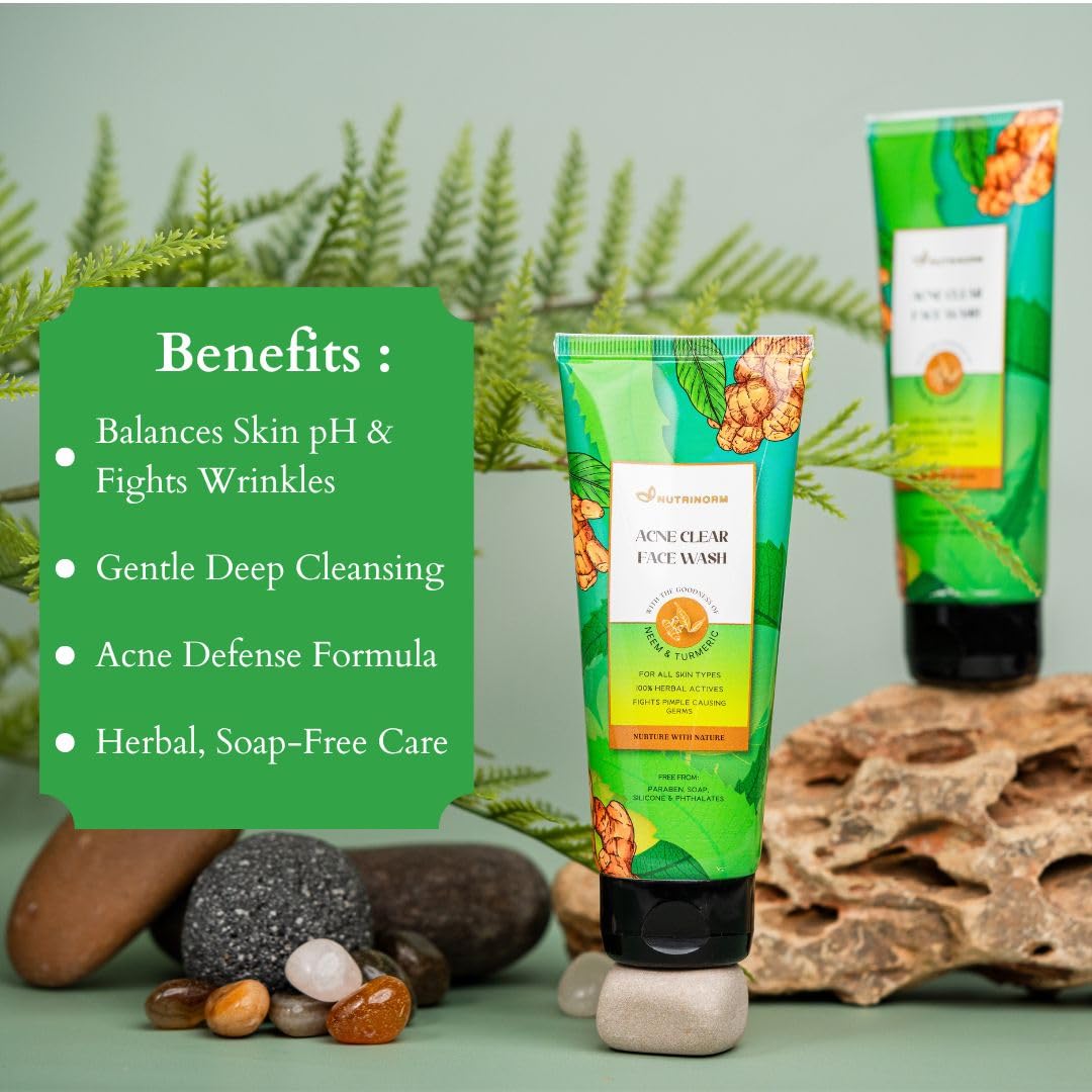 Nutrinorm Acne Clear Face Wash with AHA & BHA Synergy | 5% Curcumin & Neem Exfoliators | Gentle No Micro-Tears Formula | Photoprotectant for Radiant Skin | 100ml | Daily Acne Treatment for Oily & Sensitive Skin | Perfect for Morning & Night Skincare Routine