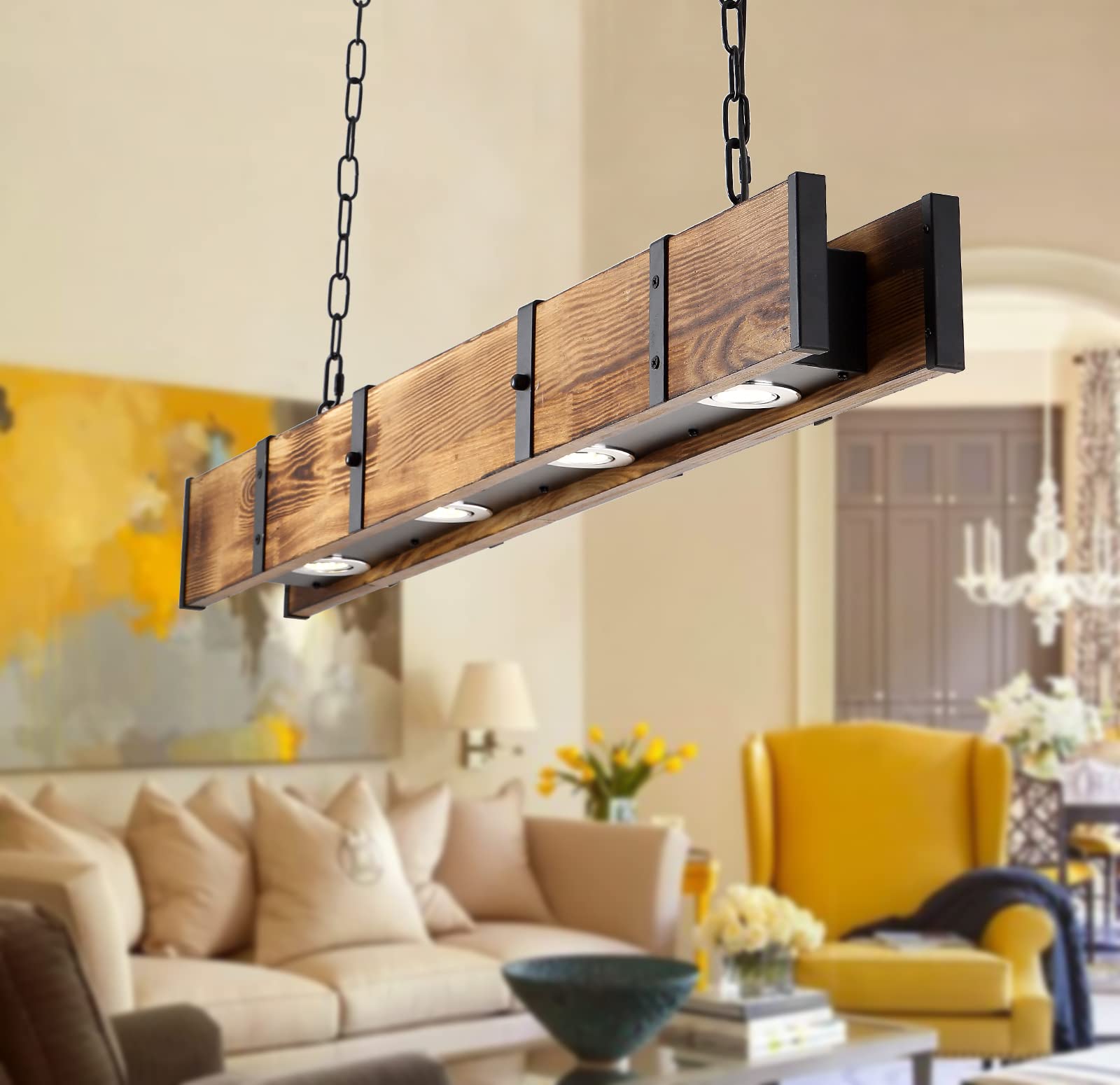 YCOLLC Rustic Wood Chandelier - 4-Light Rectangular LED Pendant Light Fixture for Kitchen Island, Farmhouse Dining Room & Living Room | Dimmable Hanging Ceiling Lamp for Modern & Vintage Home Decor
