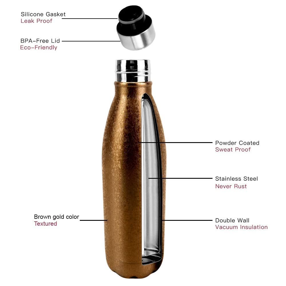 17oz Vacuum Insulated Stainless Steel Sports Water Bottle - Leak Proof, Double Wall, Keeps Drinks Hot/Cold for 24 Hours - Golden - Perfect for Gym, Hiking, Camping & Outdoor Activities