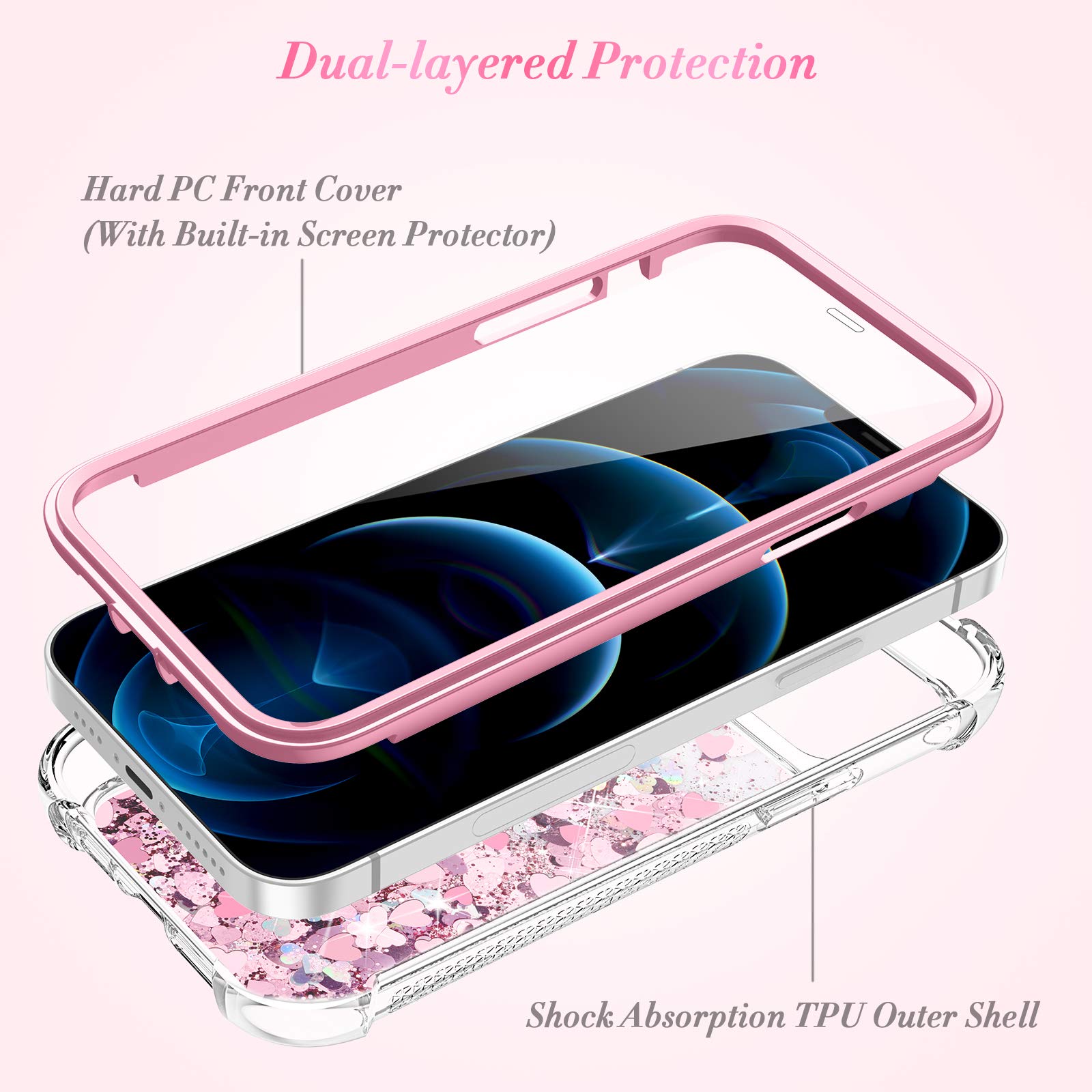 iPhone 12 Pro Max Case (6.7 inch, 2020) - Glitter Bling Liquid Sparkle Clear Protective Cover with Fashion Flowing Quicksand Design | Rose Gold | Perfect for Women & Girls | Great for Parties, Daily Use & Gift Giving