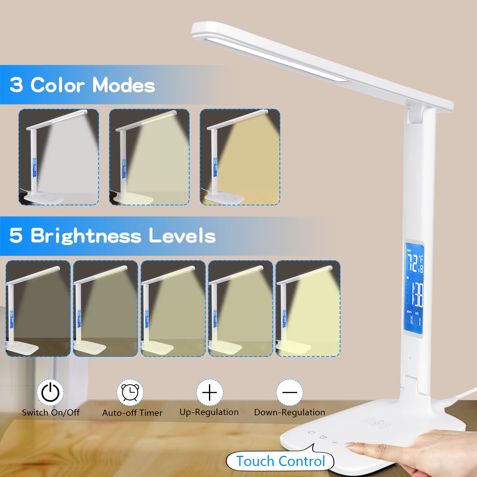 10W LED Desk Lamp with Wireless Charger & USB Port - Touch Control, Dimmable 3 Modes & 5 Brightness Levels - Adjustable Home Office Reading Light with Alarm Clock, Date & Temperature Display - Perfect for Study, Work & Nightstand Use (White)