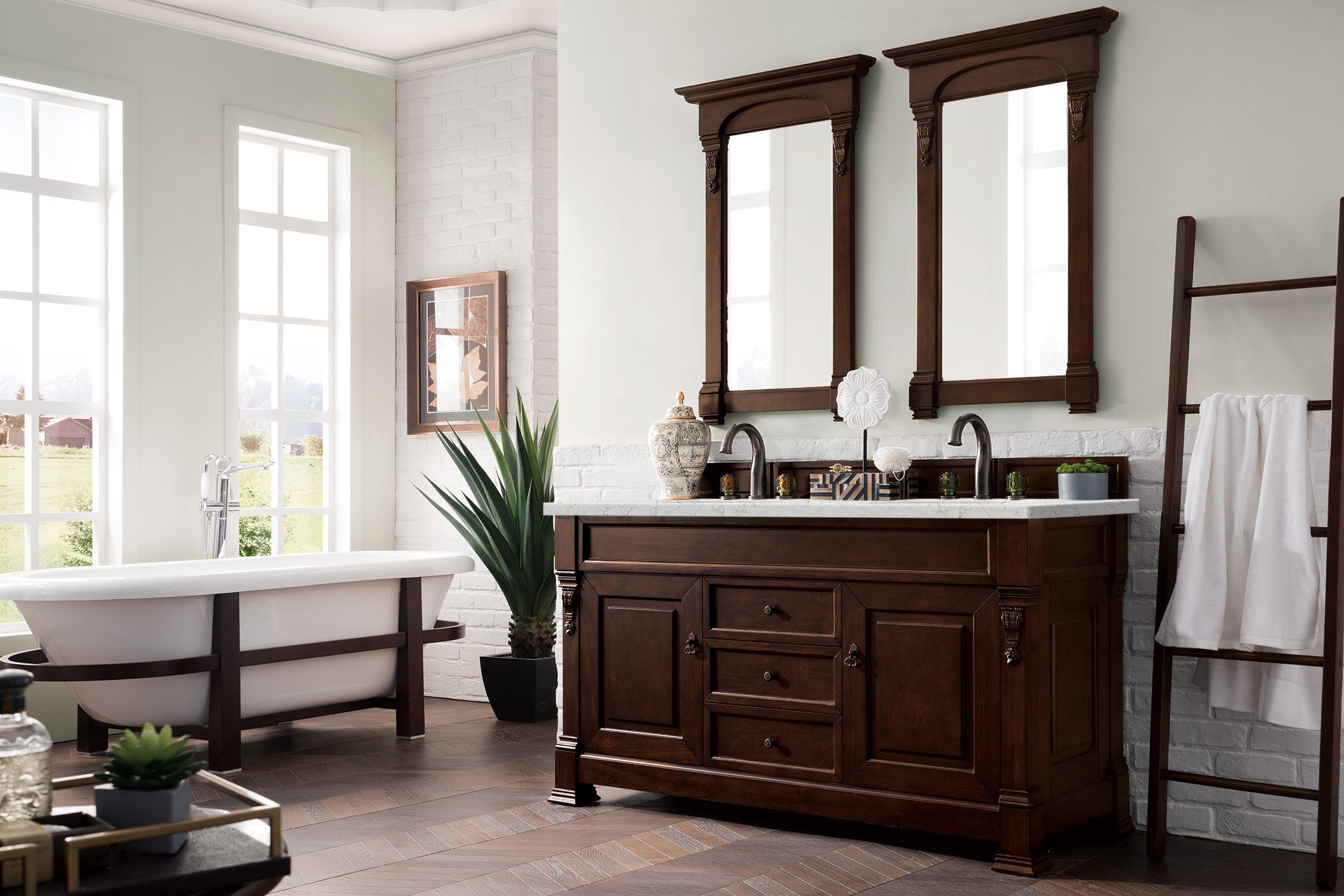 Brookfield 60-Inch Double Bathroom Vanity with Burnished Mahogany Base & 3CM Eternal Jasmine Pearl Quartz Countertop - Perfect for Master Bathrooms and Luxury Home Renovations