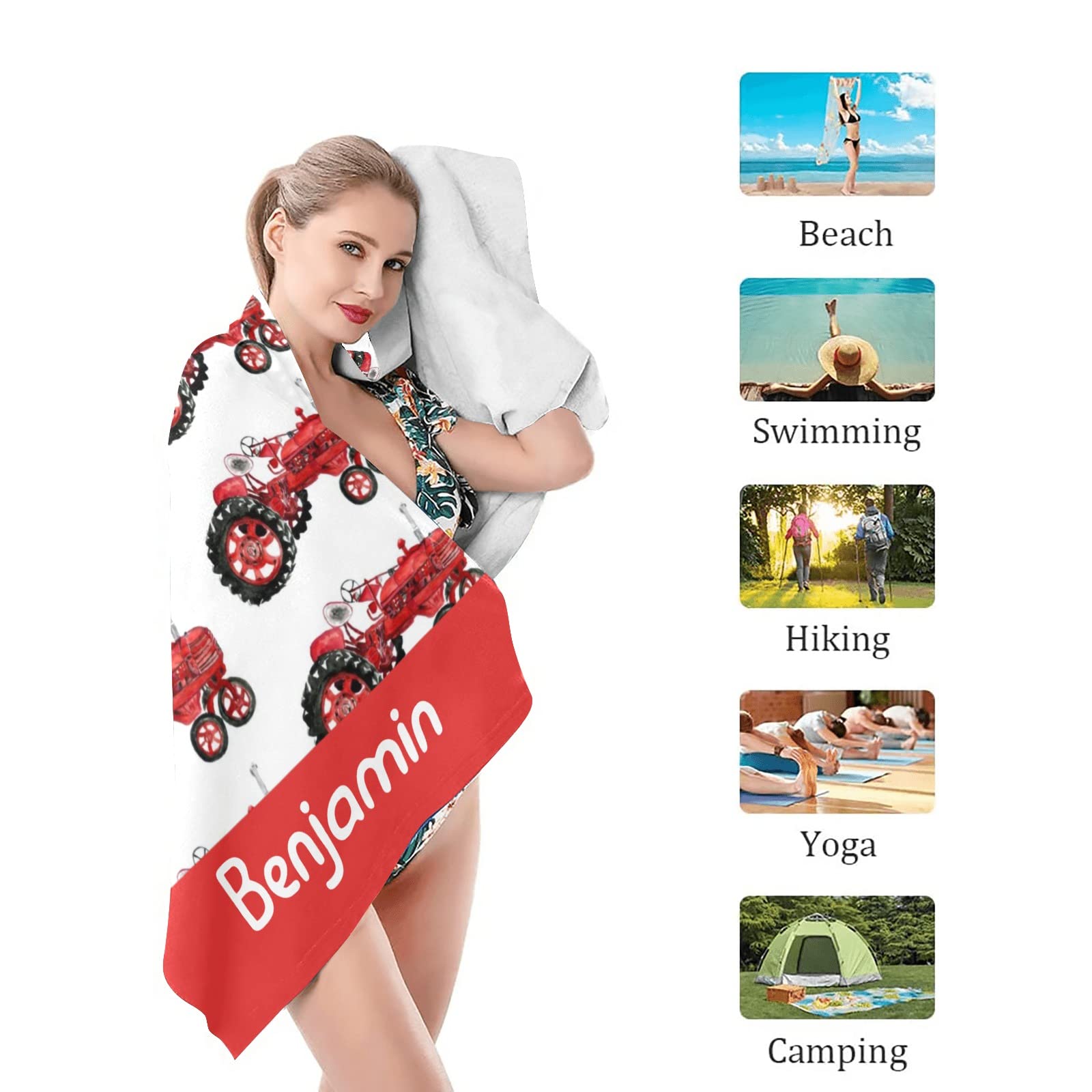 Custom Personalized Red Tractors Pattern Beach Towel 30x60 Inch - Large Soft Pool Towels with Name for Women, Men, Boys & Girls - Perfect for Beach, Pool, Picnic & Outdoor Activities