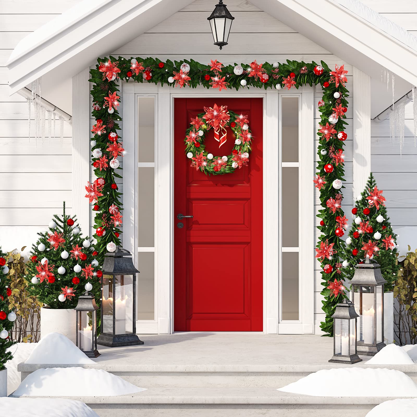 24-Piece Red Glitter Artificial Poinsettia Flowers - Christmas Tree Decorations, Wedding Centerpieces & New Year Party Decor - Holiday Home & Office Decorative Accents