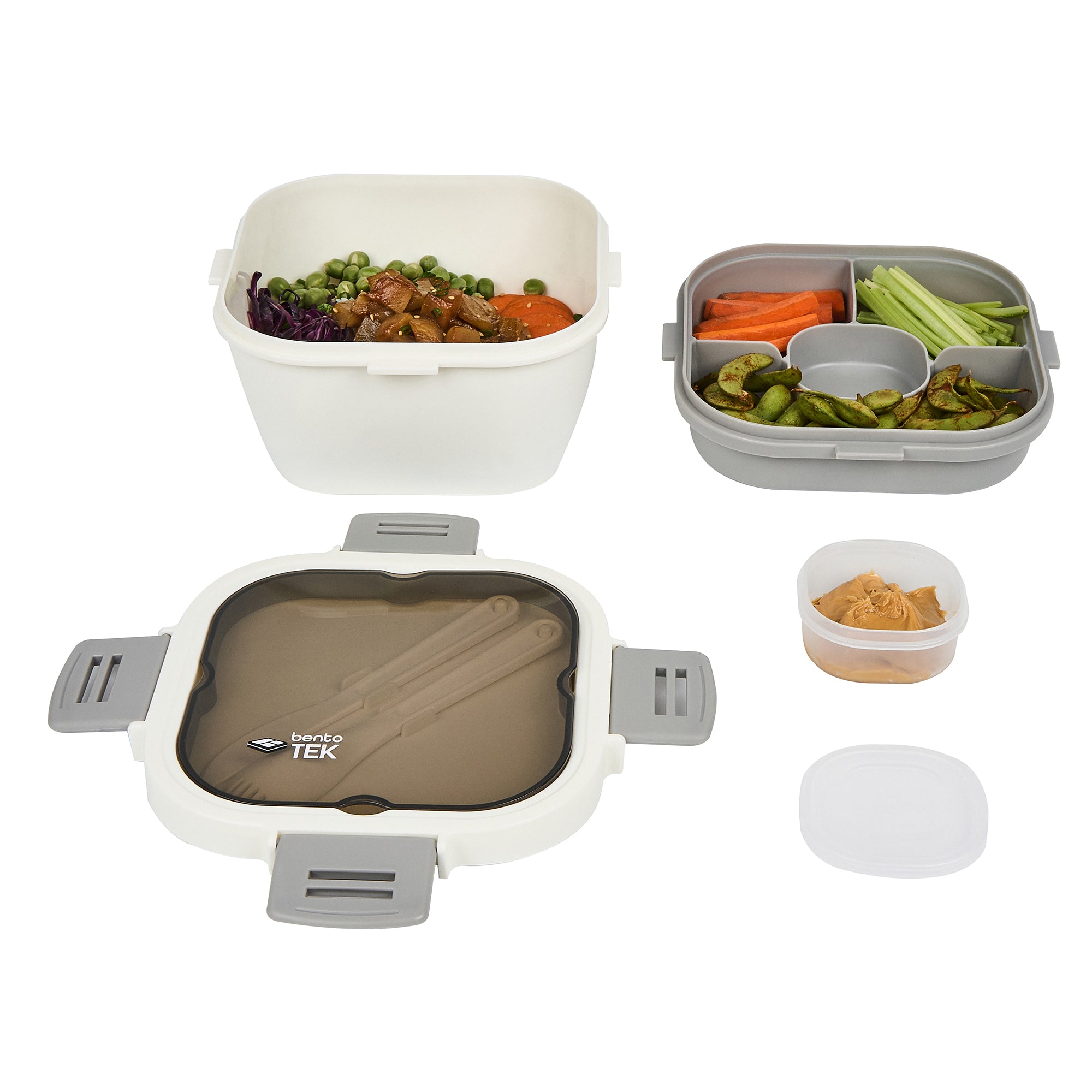 Bento Tek 58 oz White and Gray BPA Free Lunch Box with Fork & Knife - Microwave Safe, 7.25