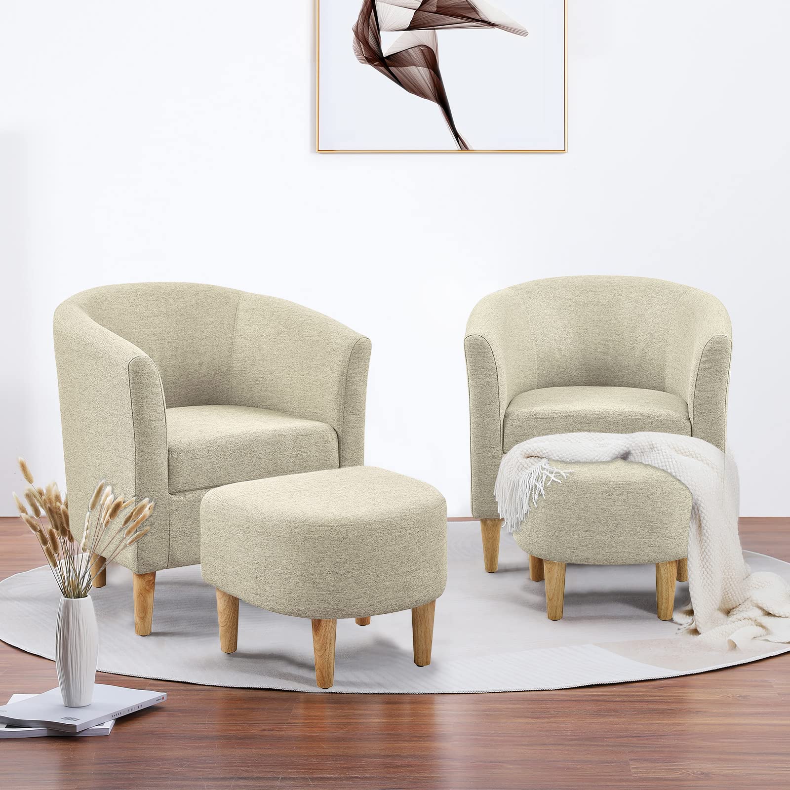 Mid Century Modern Accent Chair with Ottoman - Barrel Club Tub Sofa for Living Room & Bedroom, Upholstered Comfy Armchair & Footrest Set (Beige, Set of 1) - Perfect for Reading Nook, Lounge & Home Decor