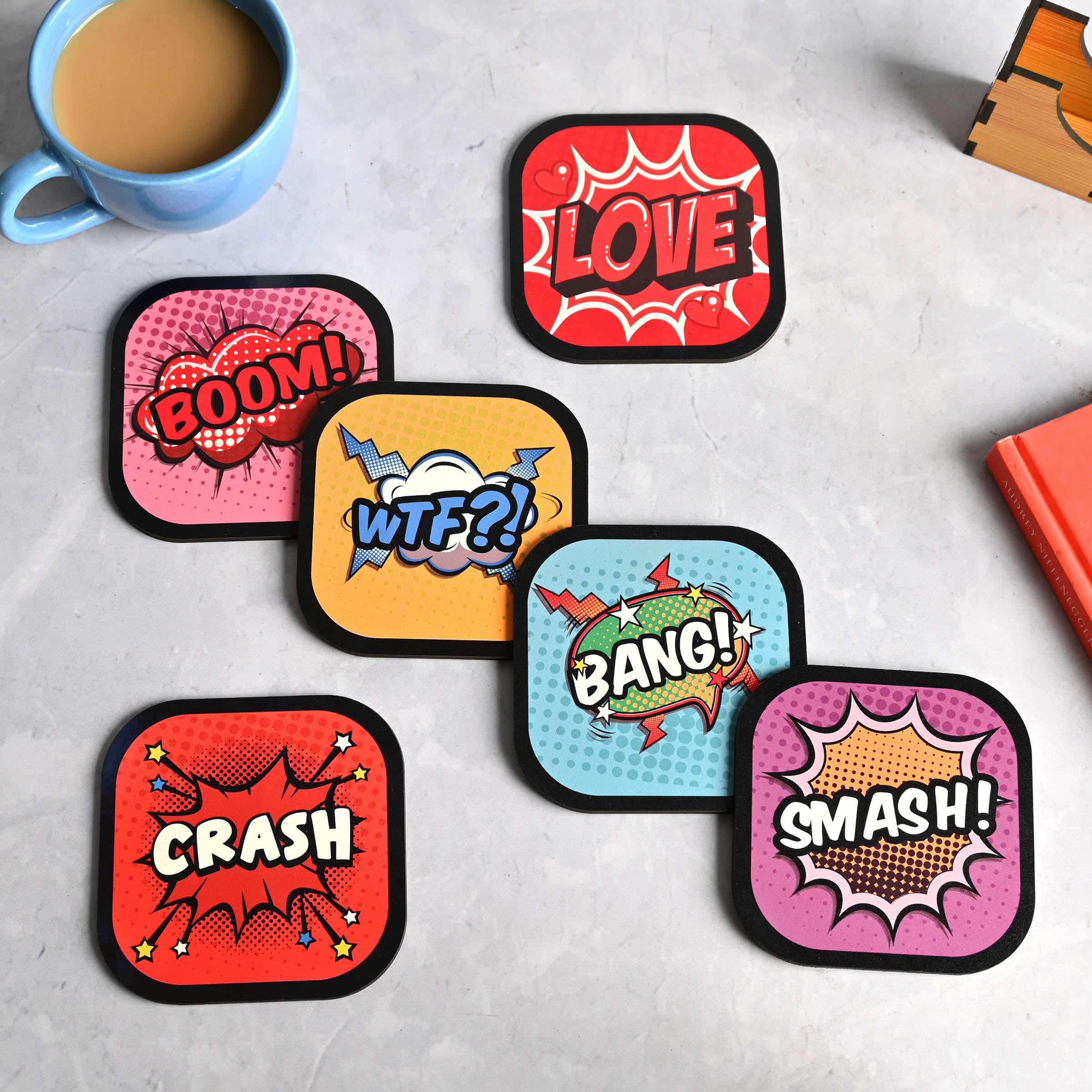 GKD Set of 6 Funky Wooden Coasters for Coffee, Tea & Drinks - 3.8x3.8 Inch Eco-Friendly Absorbent Coasters with Unique Designs - Perfect for Home, Office & Restaurant Use