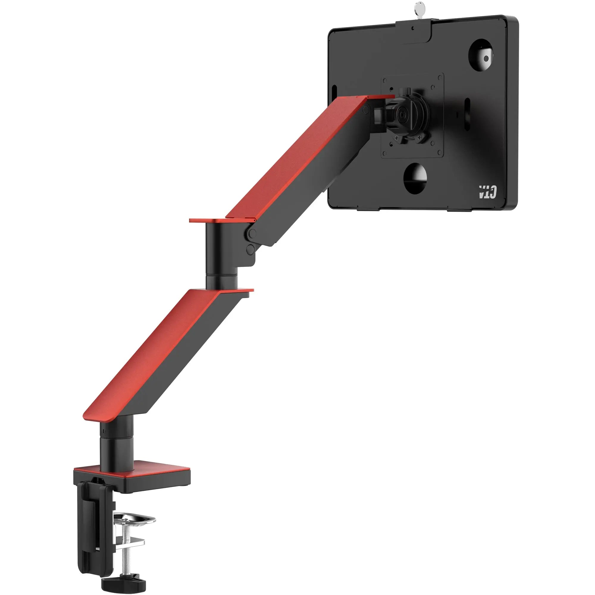 Heavy Duty Gas Spring Clamp Mount with Dual USB Ports & Enclosure - Universal Tablet Holder for 10-12 Inch Medium Size Tablets | Perfect for Office Desk, Kitchen, Bedroom & Car Use