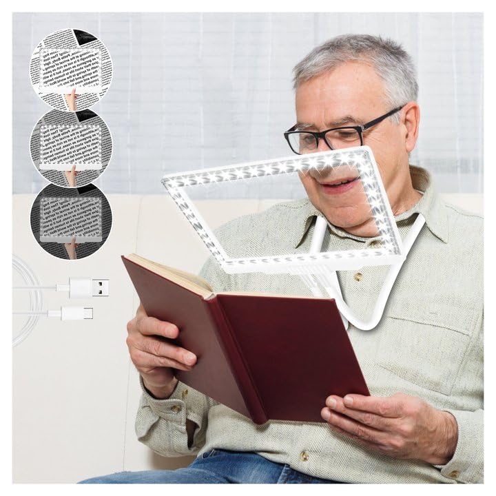 5X Hands Free Magnifying Glass with Light & Stand - 43 Ultra-Bright LED Page Magnifier for Reading, Neck Wear Large Magnifying Lens for Small Prints & Low Vision Elderly (White) - Perfect for Reading Books, Crafts, Hobbies & Close Work