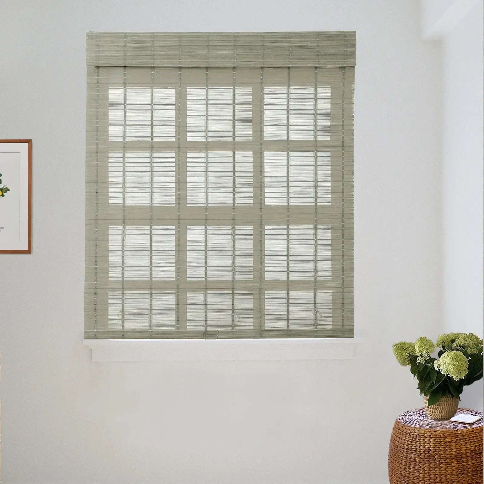 Sybil Bamboo Roman Shade in Green Haze - Natural Eco-Friendly Window Treatment for Living Room & Bedroom