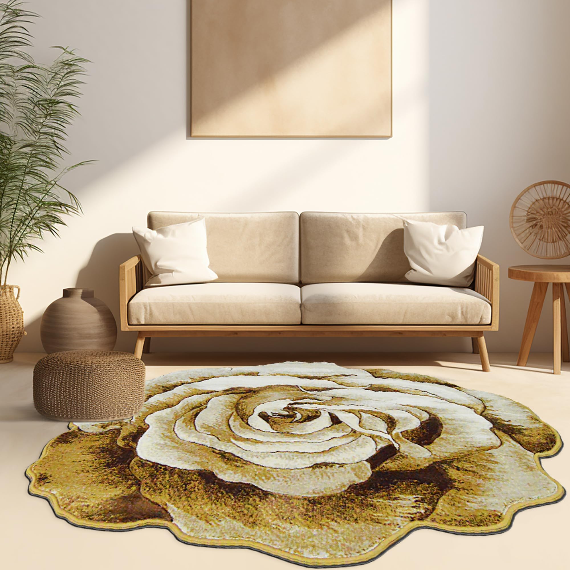 5ft Round Rose Area Rug - Plush Flower Shaped Carpet for Bedroom & Living Room | Soft Girly Circle Rug in Beige 304 | Perfect for Boho Decor, Nursery Floor & Cozy Home Accent