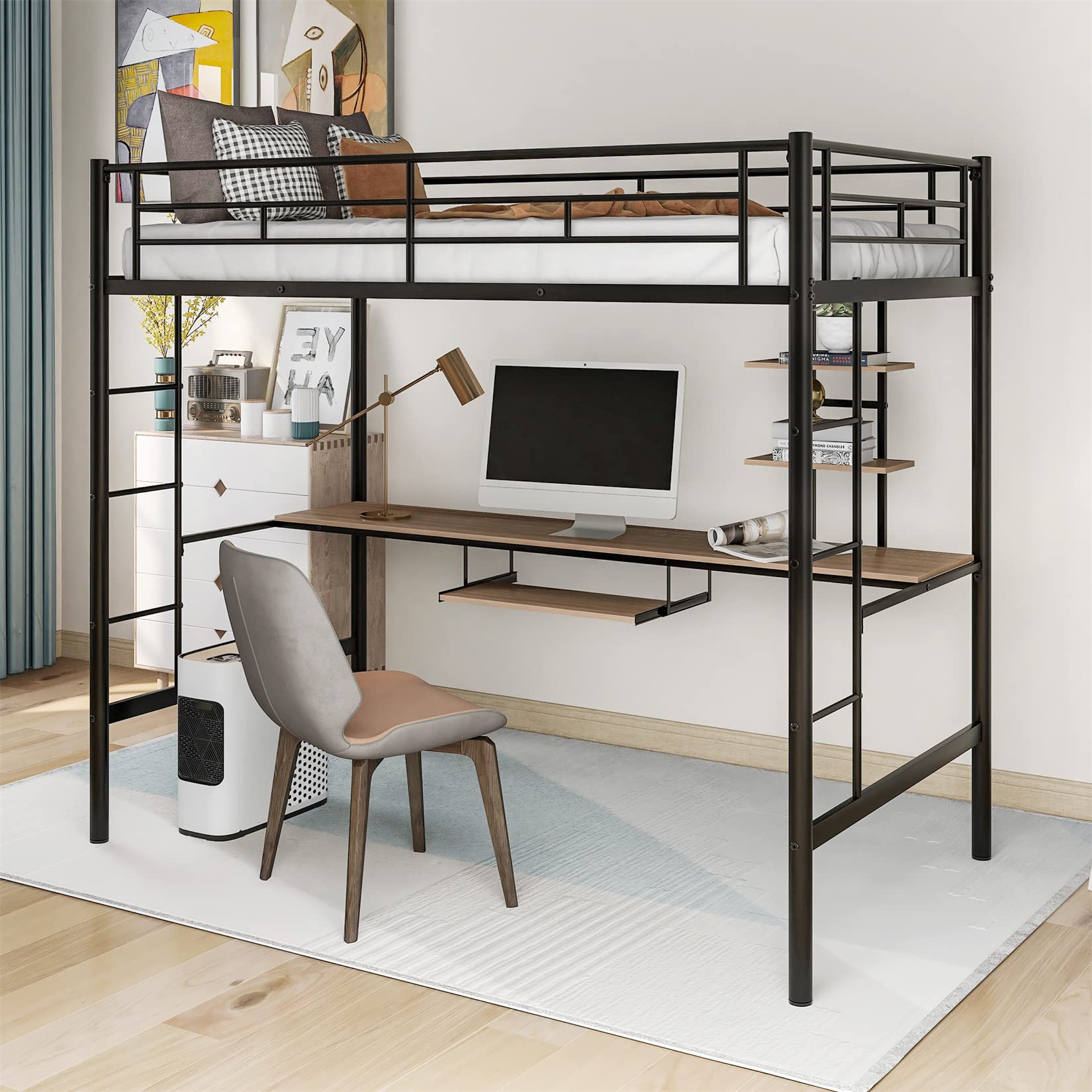 Metal Loft Bed with Desk & Bookcase - Twin Size Space-Saving Bunk Bed for Dorm Rooms, Teens & Kids - Includes 2 Ladders & Keyboard Tray (Black) - Perfect for Small Apartments, College Dorms & Kids' Bedrooms