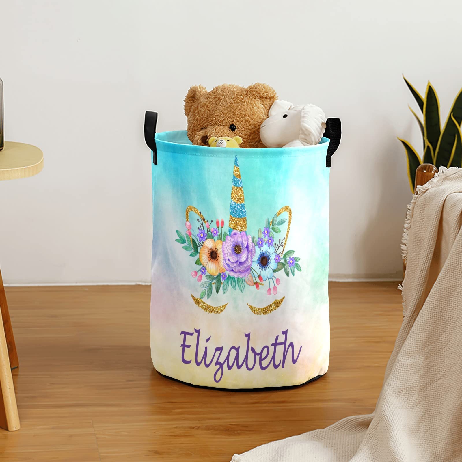 Personalized Collapsible Laundry Hamper Basket with Handle - Rainbow Unicorn Design for Clothes Storage | Perfect for Bathroom, Bedroom & Living Room Organization