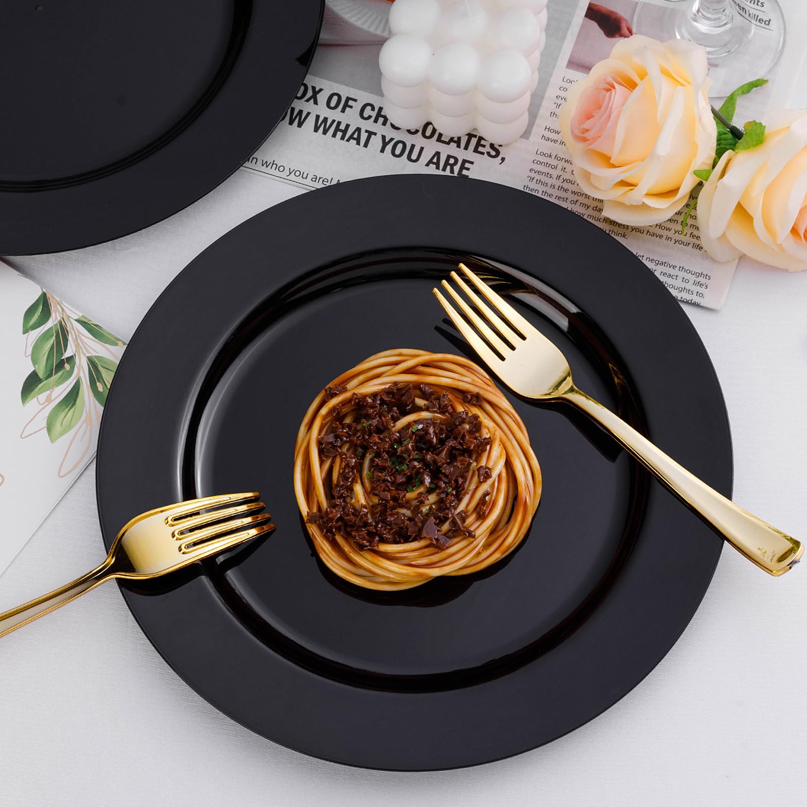 100-Pack Black Disposable Plastic Plates - 50 Dinner Plates (10.25 Inch) & 50 Dessert Plates (7.5 Inch) for Parties, Weddings, Easter Celebrations - Perfect for Large Gatherings and Events