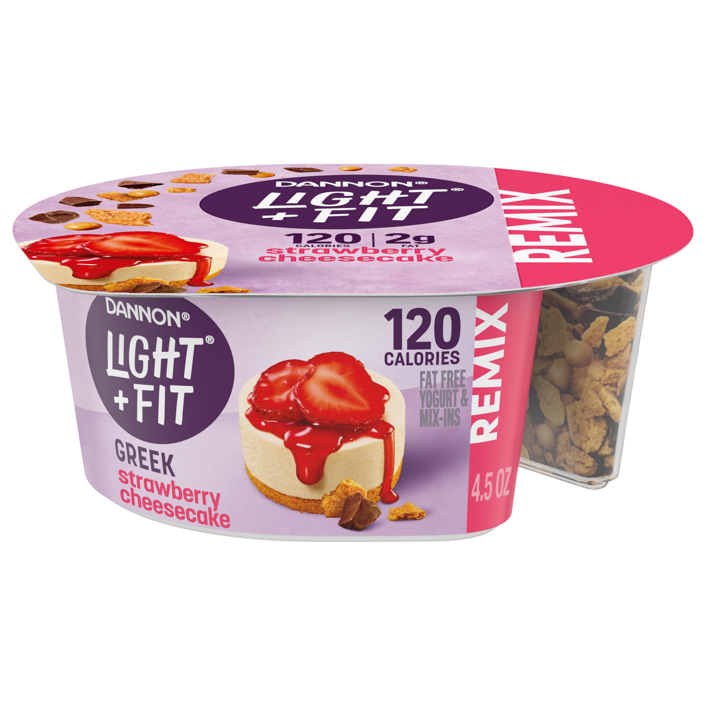 Light + Fit Nonfat Greek Yogurt with Strawberry Cheesecake Flavor, Graham Cookies, Caramel Pearls & Dark Chocolate Mix-Ins - 4.5oz Cups | High-Protein Snack for Breakfast, Office or Post-Workout