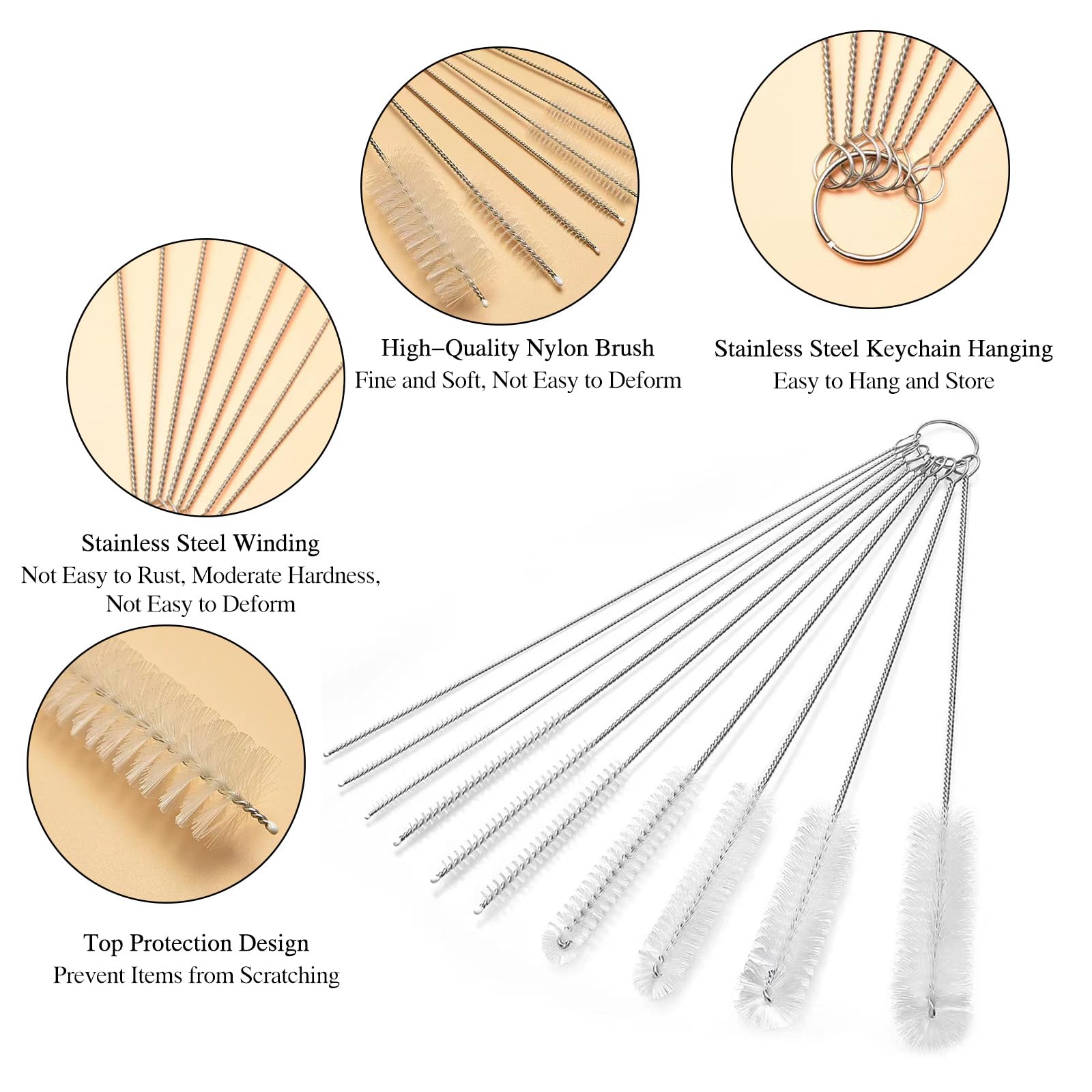 10-Piece Long Straw Cleaner Brush Set - 8.2 Inch Bottle & Tube Cleaning Brushes Kit for Sippy Cups, Narrow Neck Bottles, Water Bottles, Straws (White) - Perfect for Baby Bottles, Travel Mugs & Reusable Drinkware