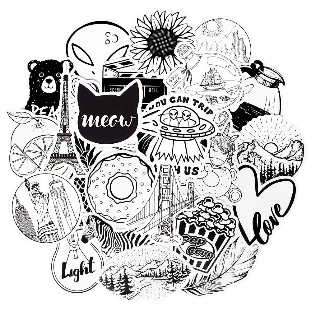 QTL Cute Black and White VSCO Stickers Pack - 50Pcs Waterproof Decals for Teen Girls & Adults - Perfect for Water Bottles, Laptops, Journals & DIY Crafts - Aesthetic Vinyl Stickers for Scrapbooking & Room Decor