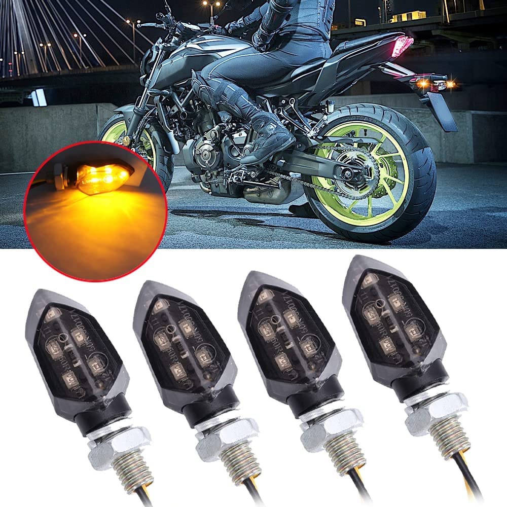 4-Piece 12V Motorcycle LED Turn Signal Lights - 5 LED Amber Blinker Indicators for Front & Rear - Durable Mini Lights for Harley, Honda, Kawasaki - Perfect for Night Riding & Safety Enhancement