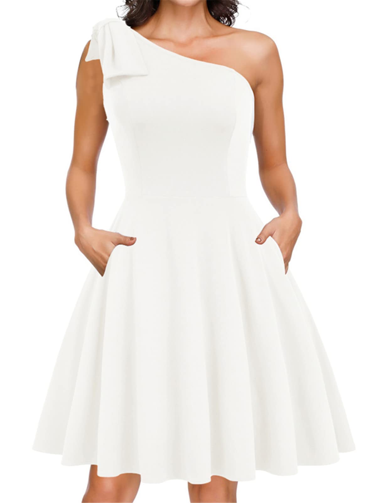JASAMBAC Women's One Shoulder Bow Cocktail Dress with Pockets - A-Line Party Dress for Evening Events, Weddings & Date Nights