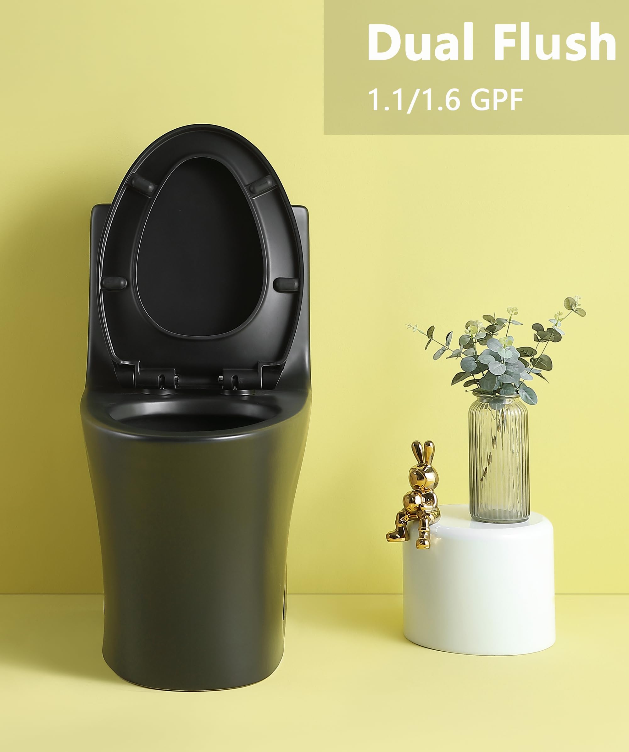 Dual Flush Elongated Toilet 1.1/1.6 GPF - Water Saving Modern One Piece Toilet with Soft Close Seat - Powerful & Quiet Flush - Black (27.5