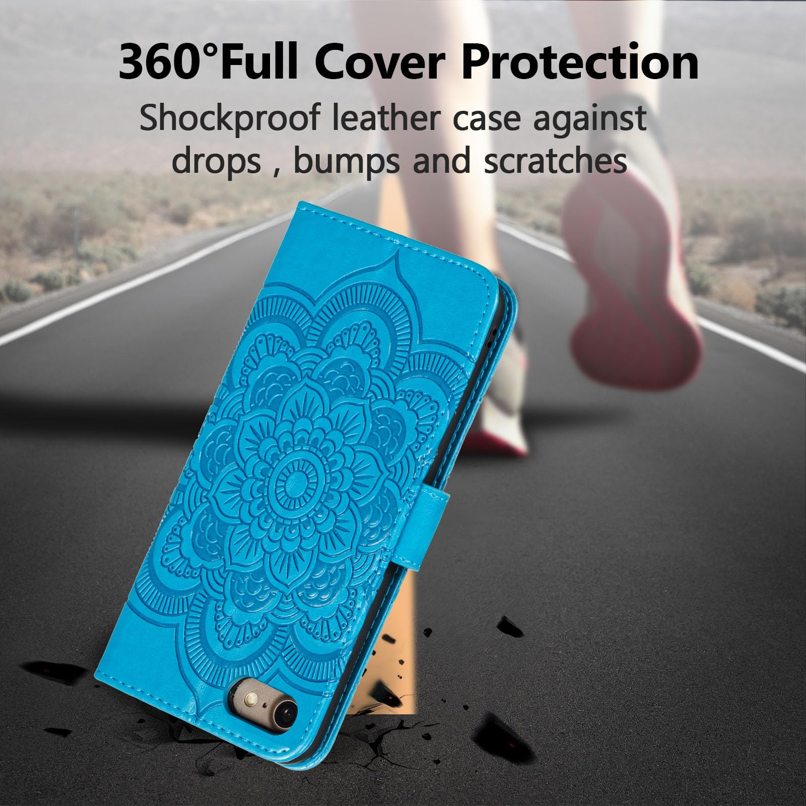 Premium EYZUTAK Mandala Leather Flip Wallet Case for iPhone SE (5G) 2022/iPhone 7/8/SE 2020 - Slim Magnetic Stand Cover with Card Slots & Lanyard (Blue Embossed Design) | Perfect for Daily Use, Travel & Business Meetings