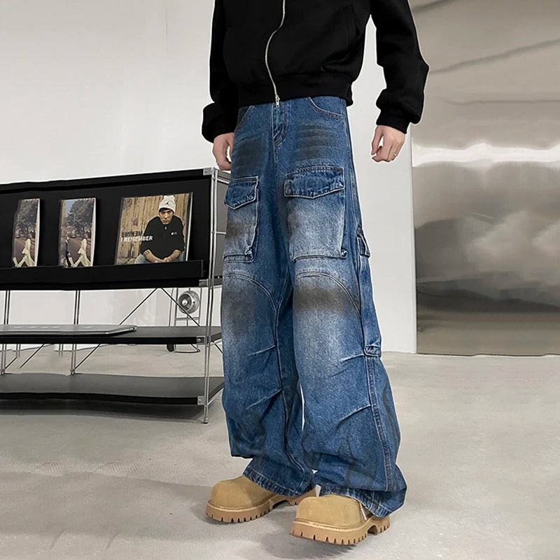 American Style Men's Denim Jeans - Multi-Pocket Pleated Straight Leg with Contrast Hem & Wide Fit | Casual Wear, Street Style & Everyday Comfort (Model 9C9281)