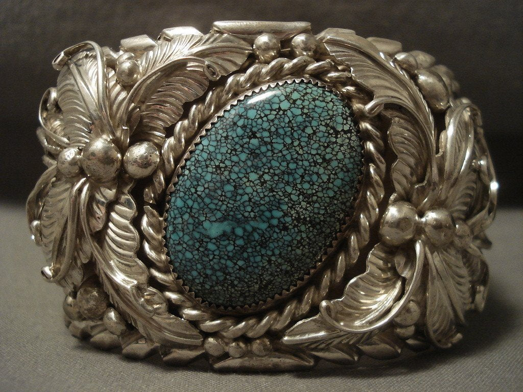 167g 'Forest of Leaves' Domed Spiderweb Turquoise Native American Silver Bracelet - Handmade Jewelry for Boho & Southwest Style Outfits