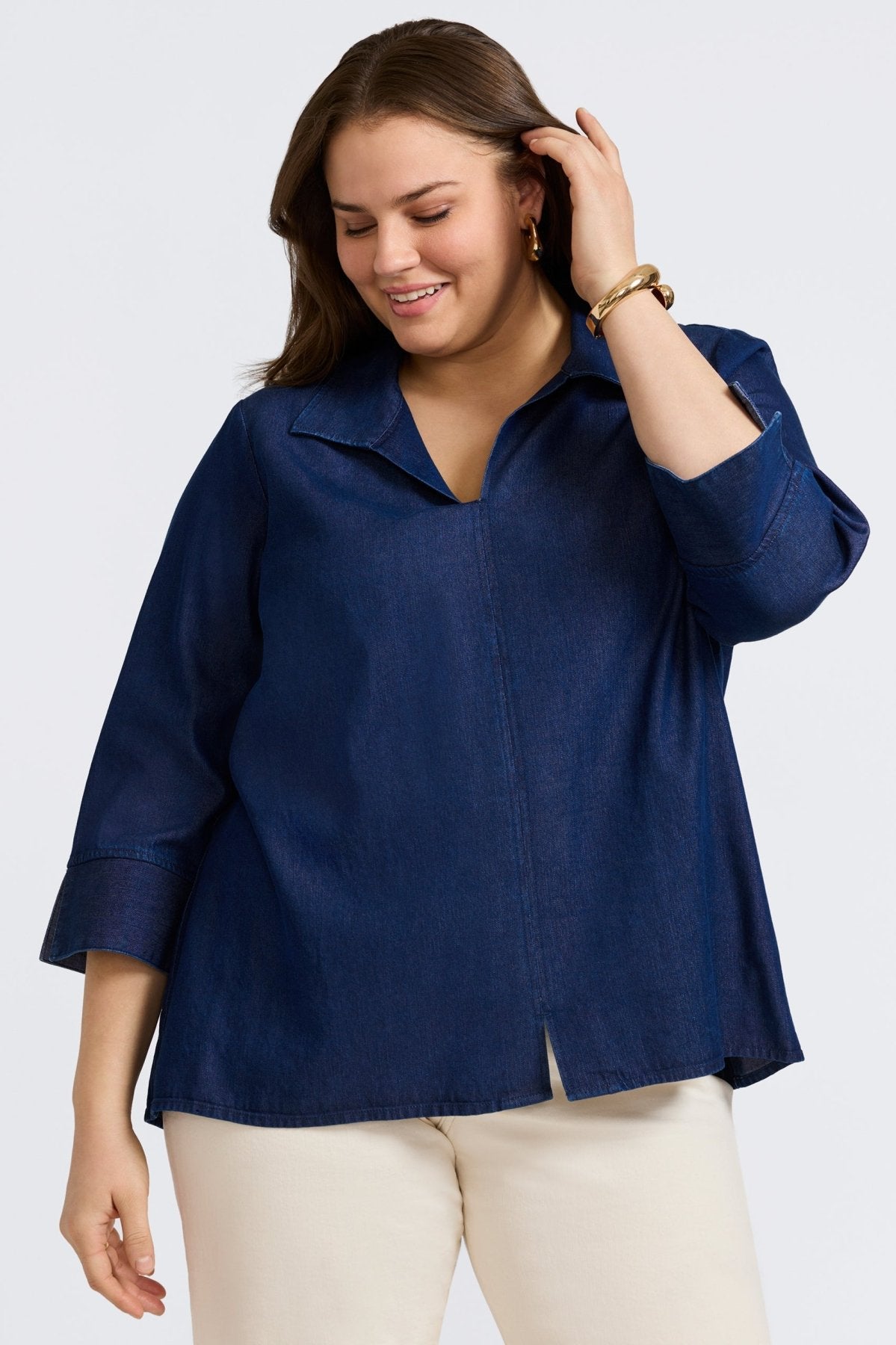 Agnes Plus Women's Tencel® Denim 3/4 Sleeve Popover Shirt - Soft Stretch Eco-Friendly Blouse for Casual Wear & Office Outfits