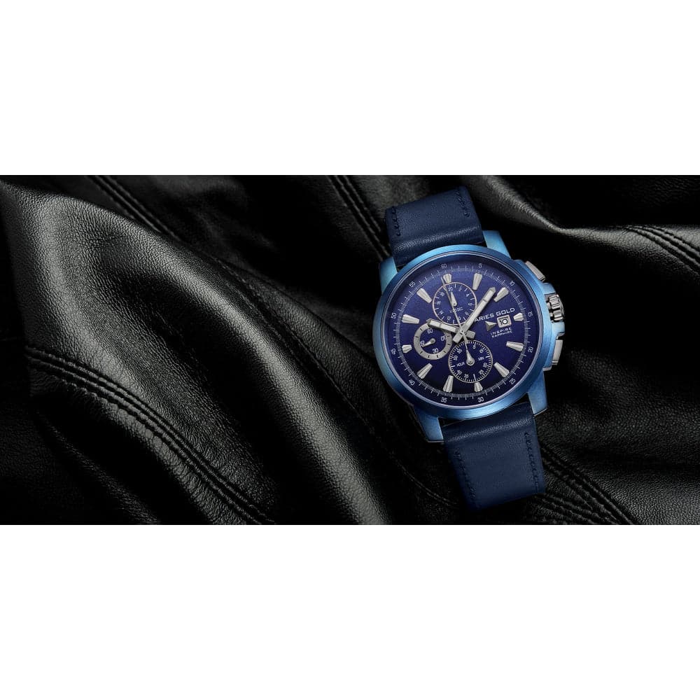 ARIES GOLD INSPIRE CONTENDER Blue Stainless Steel Men's Watch with Leather Strap - Waterproof Dress Watch for Business, Casual & Formal Occasions