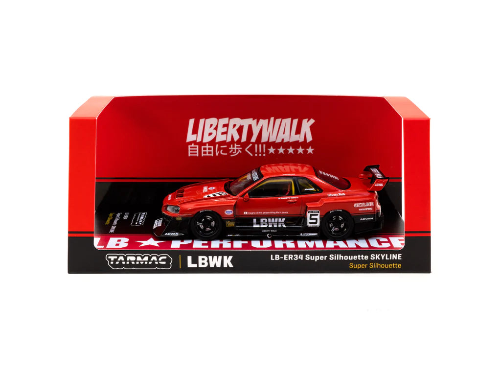 Tarmac Works 1:43 LB ER34 Super Silhouette SKYLINE #5 Diecast Model Car - Red & Black Racing Collectible for Display & Racing Enthusiasts