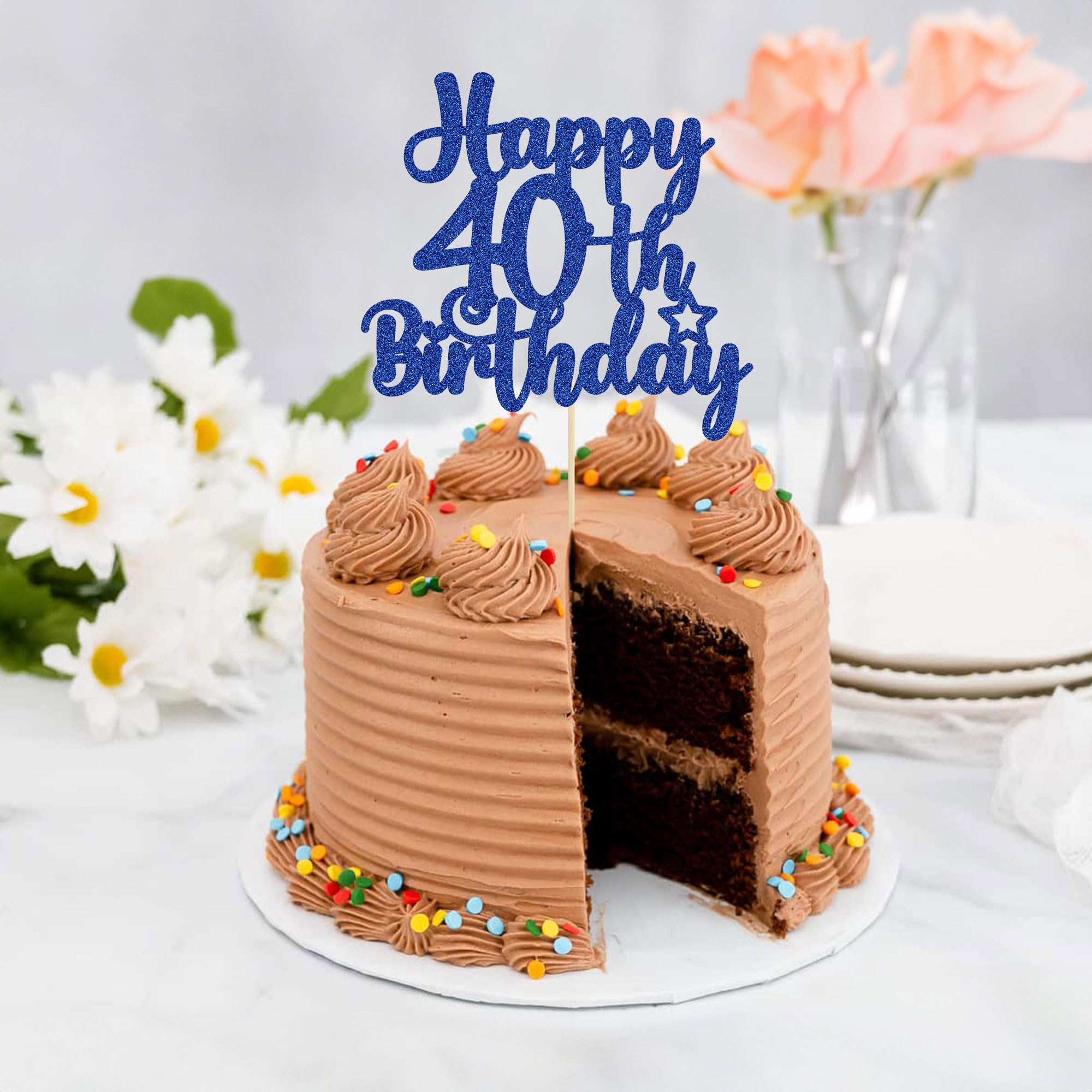 Happy 40th Birthday Cake Topper - Glitter 'Cheers to 40 Years' Cake Pick for 40th Anniversary Party Decorations (Blue) - Perfect for Milestone Birthday Cakes, Celebration Parties & Festive Decor
