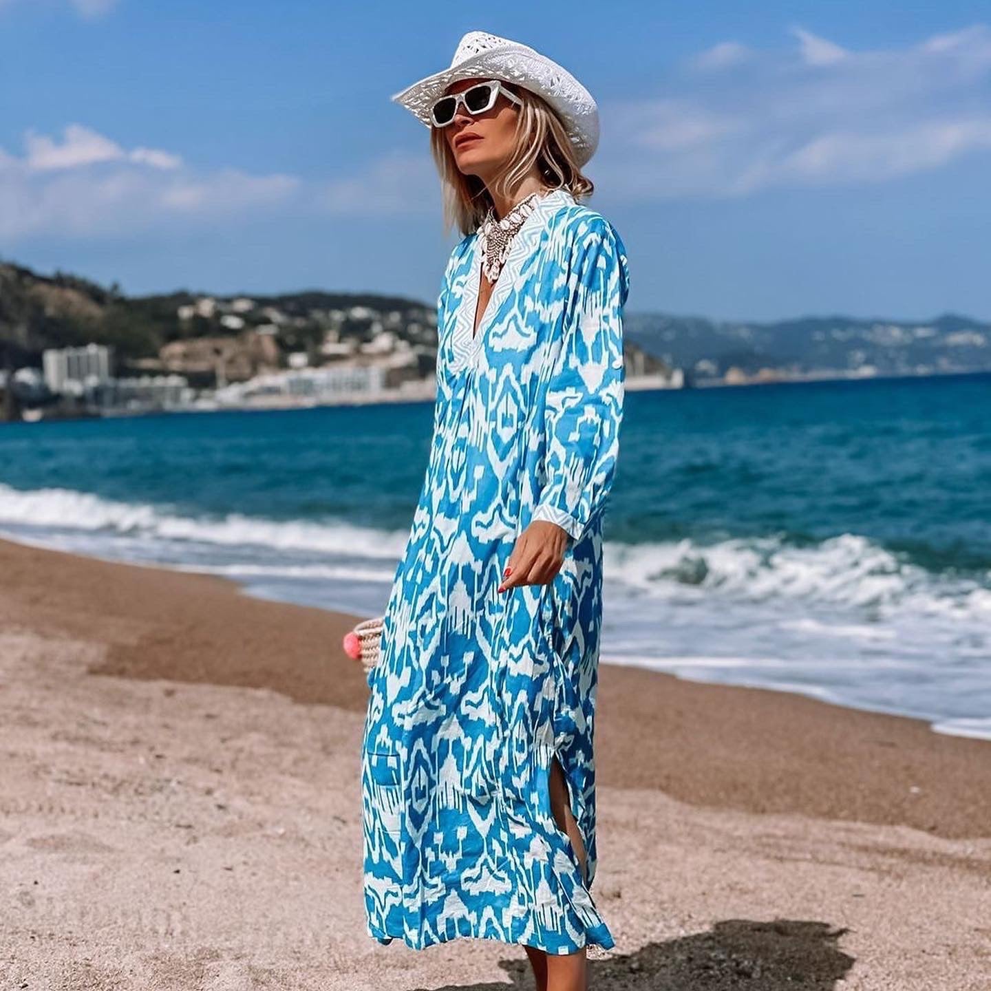 Bohemian Ikat Kaftan Dress - Turquoise Blue Flowy Beach Cover Up for Women | Perfect for Ibiza Vacations, Pool Parties & Summer Getaways