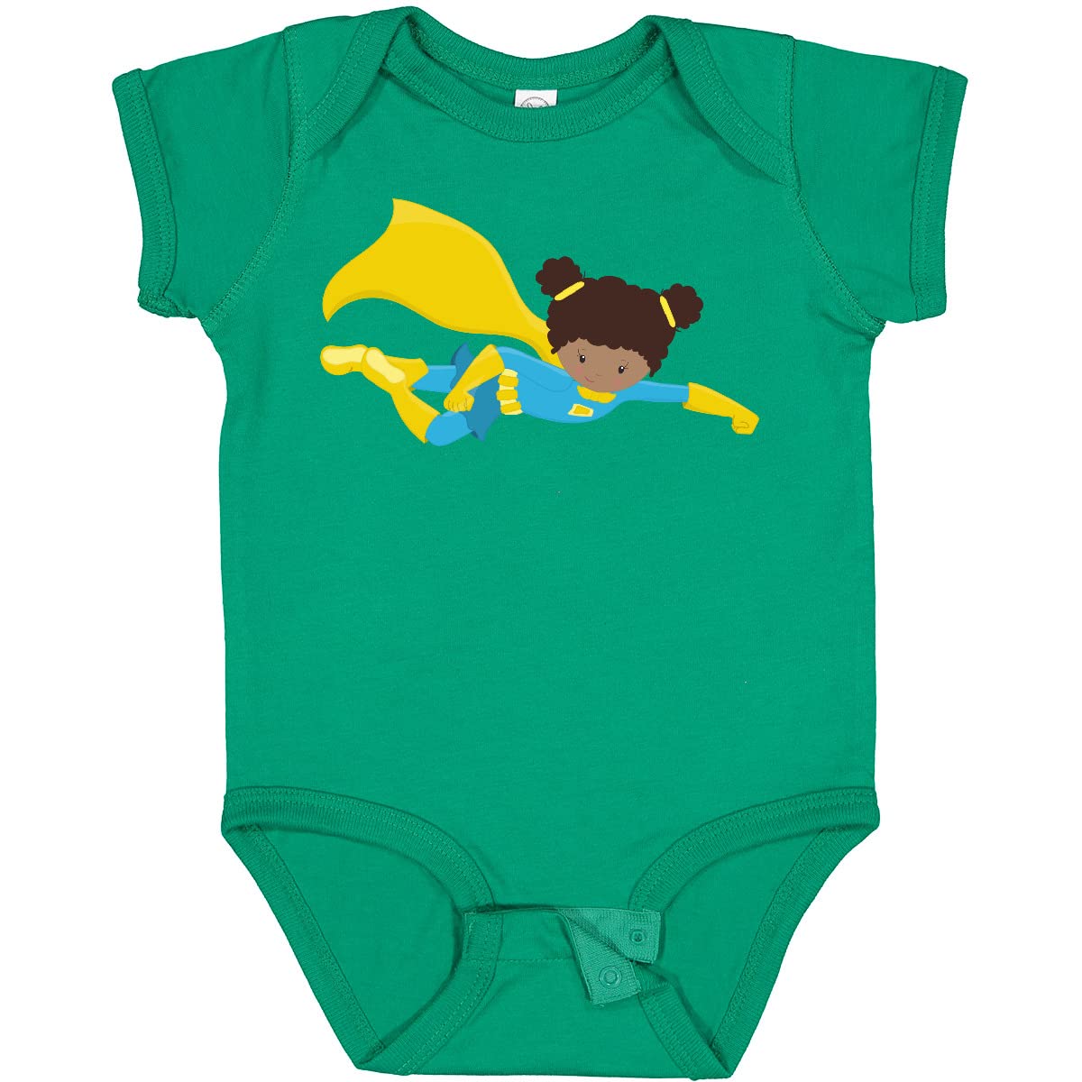 Inktastic African American Superhero Girl with Yellow Cape Baby Bodysuit - Cute Outfit for Infants, Toddler Costume, Birthday Gift & Everyday Wear