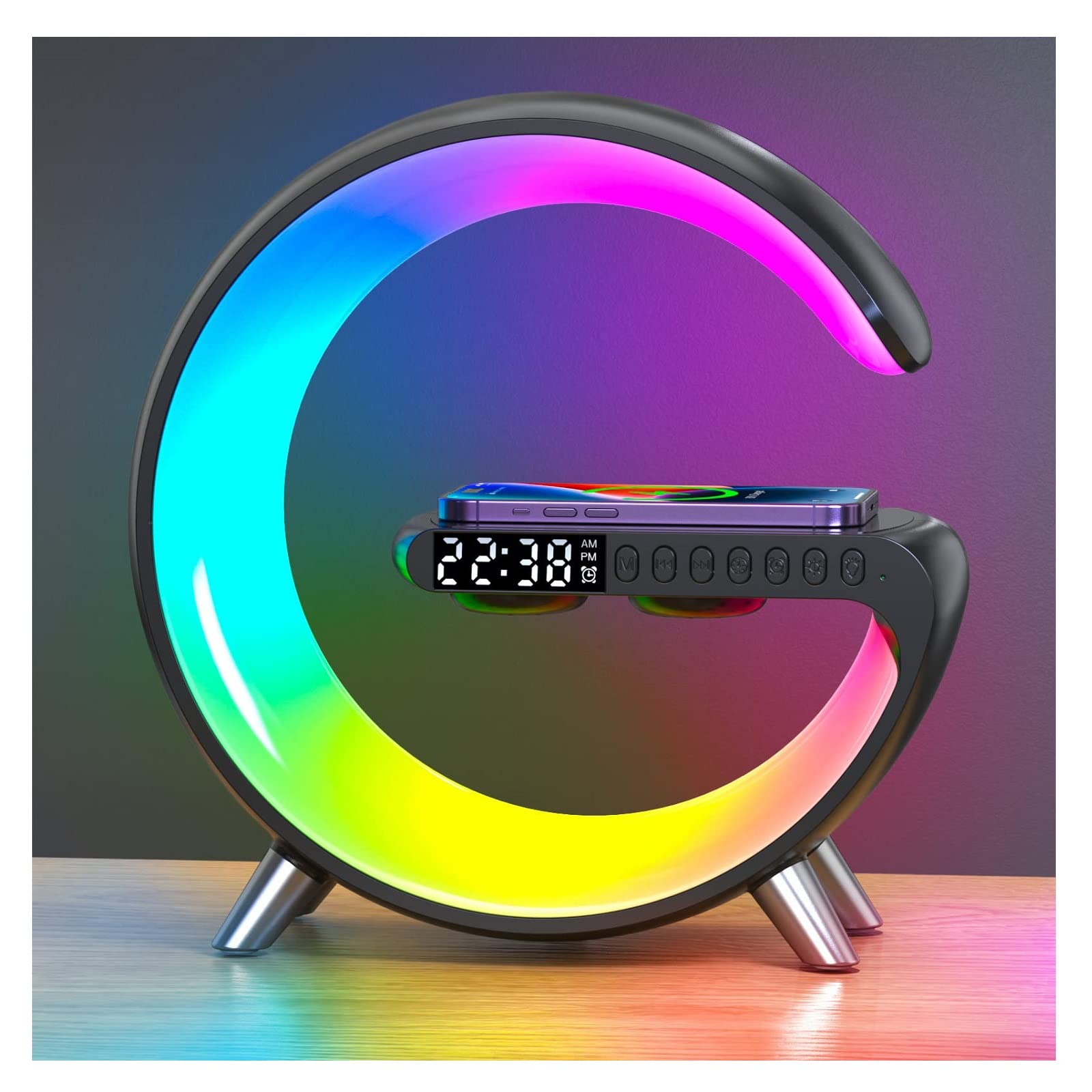 Smart LED Table Lamp with Wireless Charger, Night Light, Alarm Clock & Bluetooth Speaker - 4-in-1 Multifunctional Bedside Lamp with App Control for Bedroom, Office & Home Decor (Black) - Perfect for Nightstands, Desks & Gift Giving