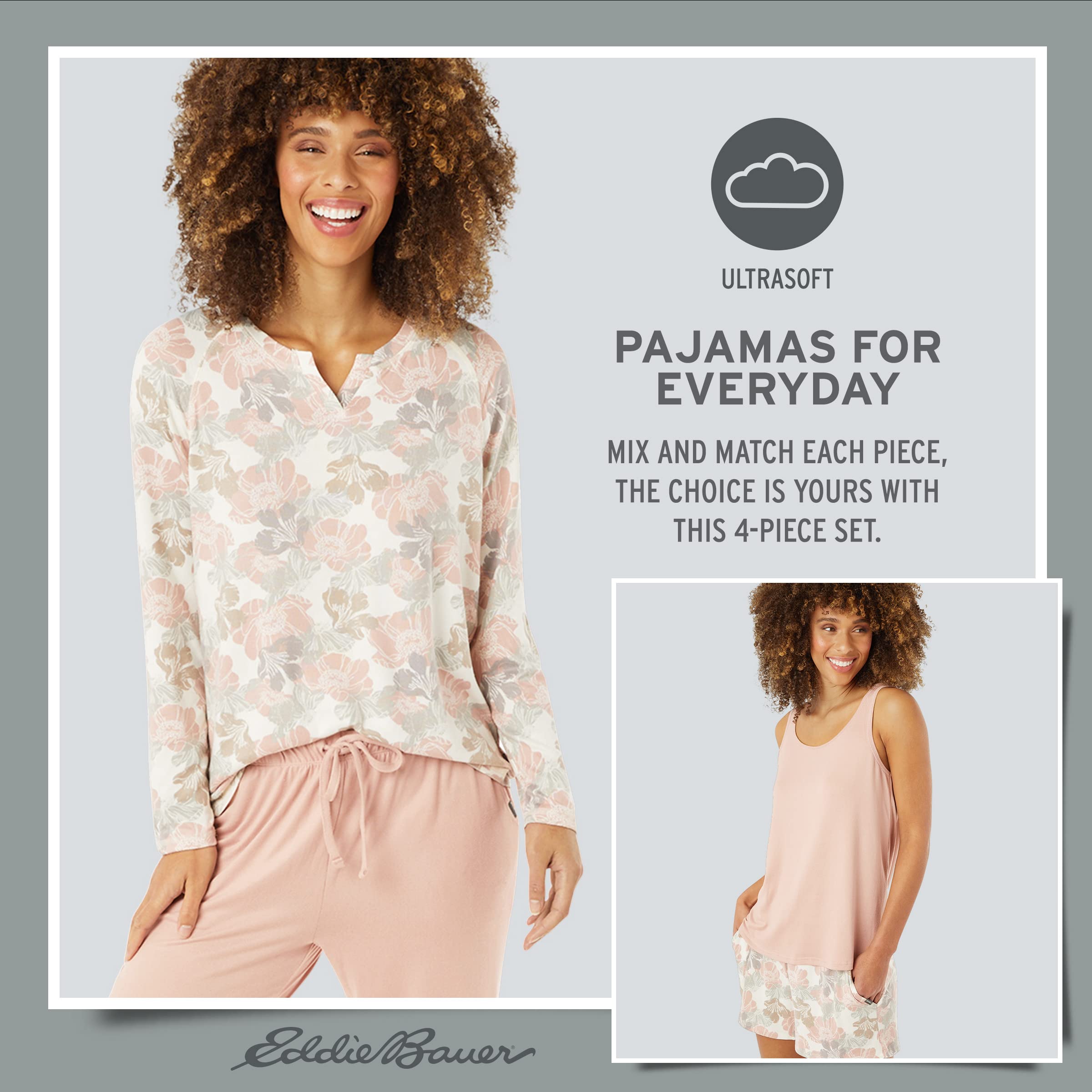 Eddie Bauer Women's 4-Piece Pajama Set - Long Sleeve Crewneck Top & Jogger Pants - Soft Cotton Sleepwear for Lounge & Bedtime - Perfect for Relaxing at Home or Gift Giving