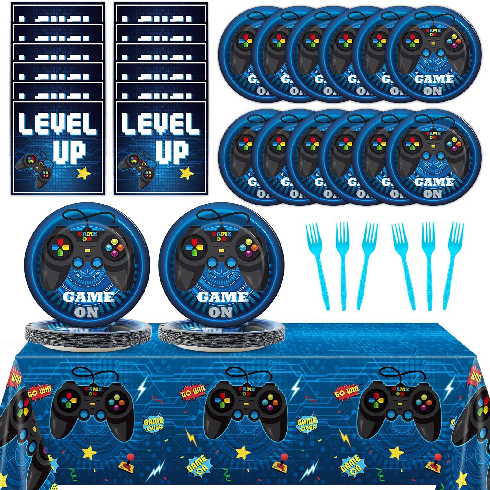 gisgfim 20-Piece Blue Video Game Party Tableware Set - Includes 7-inch Plates, Napkins & Tablecloth - Perfect for Gaming Birthday Parties, Gamer Decorations & Themed Events