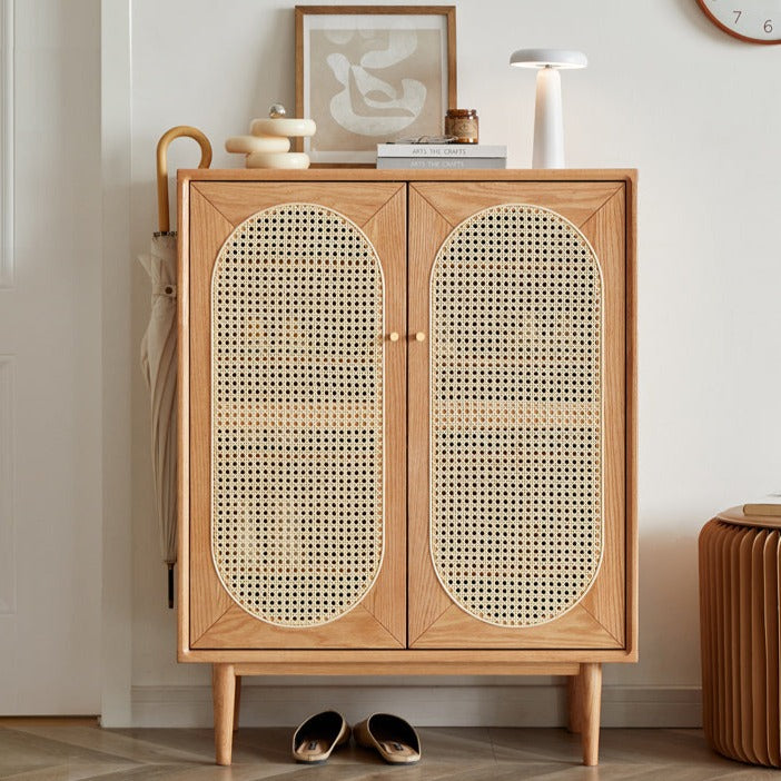 Oak Solid Wood Rattan Shoe Cabinet - Rustic Entryway Storage Organizer for Shoes, Boots & Accessories | Perfect for Hallway, Mudroom & Closet Organization