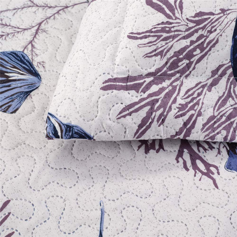 **Twin Size Reversible Beach Quilt Set - Coastal Ocean Theme with Starfish & Conch Shell Design - Lightweight Summer Bedspread Coverlet - Blue Home Decor for Bedroom, Guest Room & Vacation Homes**    *(Perfect for beach houses, coastal-themed bedrooms, or adding a breezy summer vibe to any space!)*