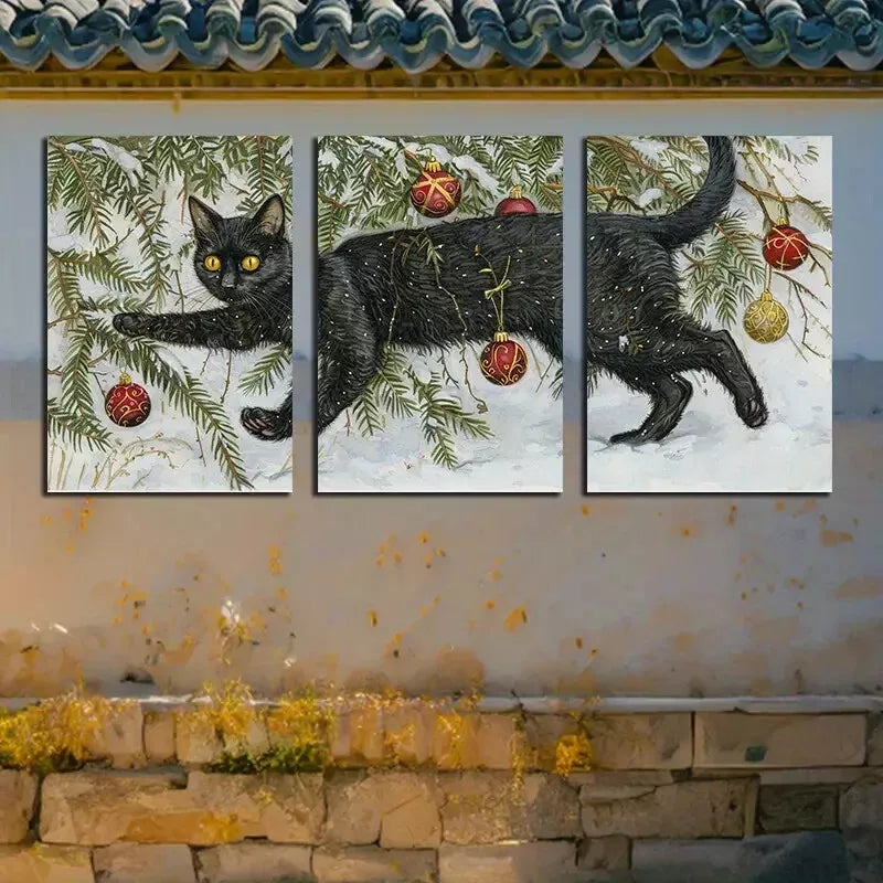 3-Piece Black Cat Entangled in Christmas Decorations Wall Art Set - Framed Canvas 50x70cm (20x28in) - High Quality Print - 100% Australian Made - Ready to Hang - Perfect for Holiday Home Decor, Living Room & Bedroom Wall Art