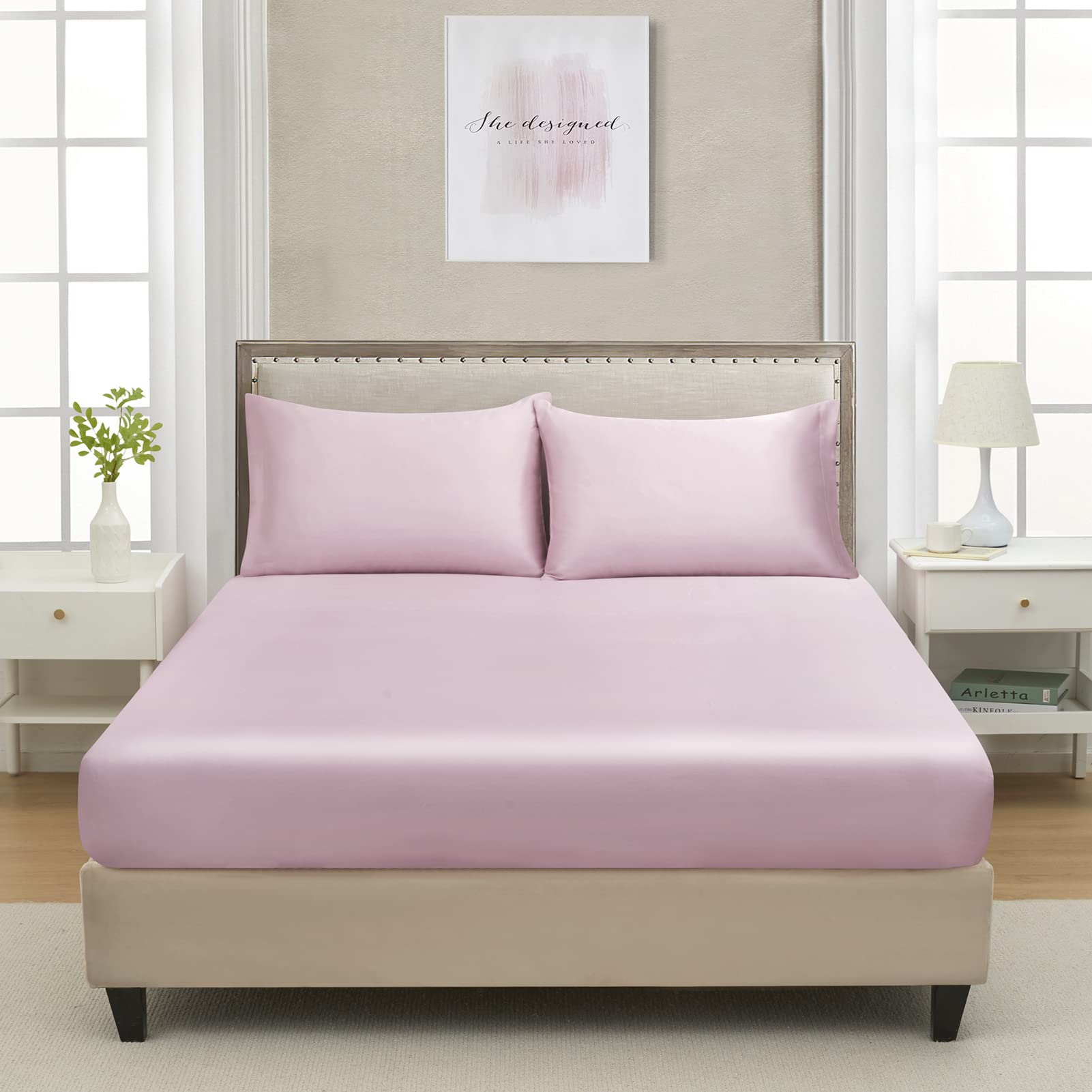 Silk Satin Queen Size Fitted Sheet - Deep Pocket Soft Breathable Wrinkle-Free Non-Fading Fully Elasticized Bottom Bed Sheet (Pink) - Perfect for Luxury Bedrooms, Guest Rooms & Hotels