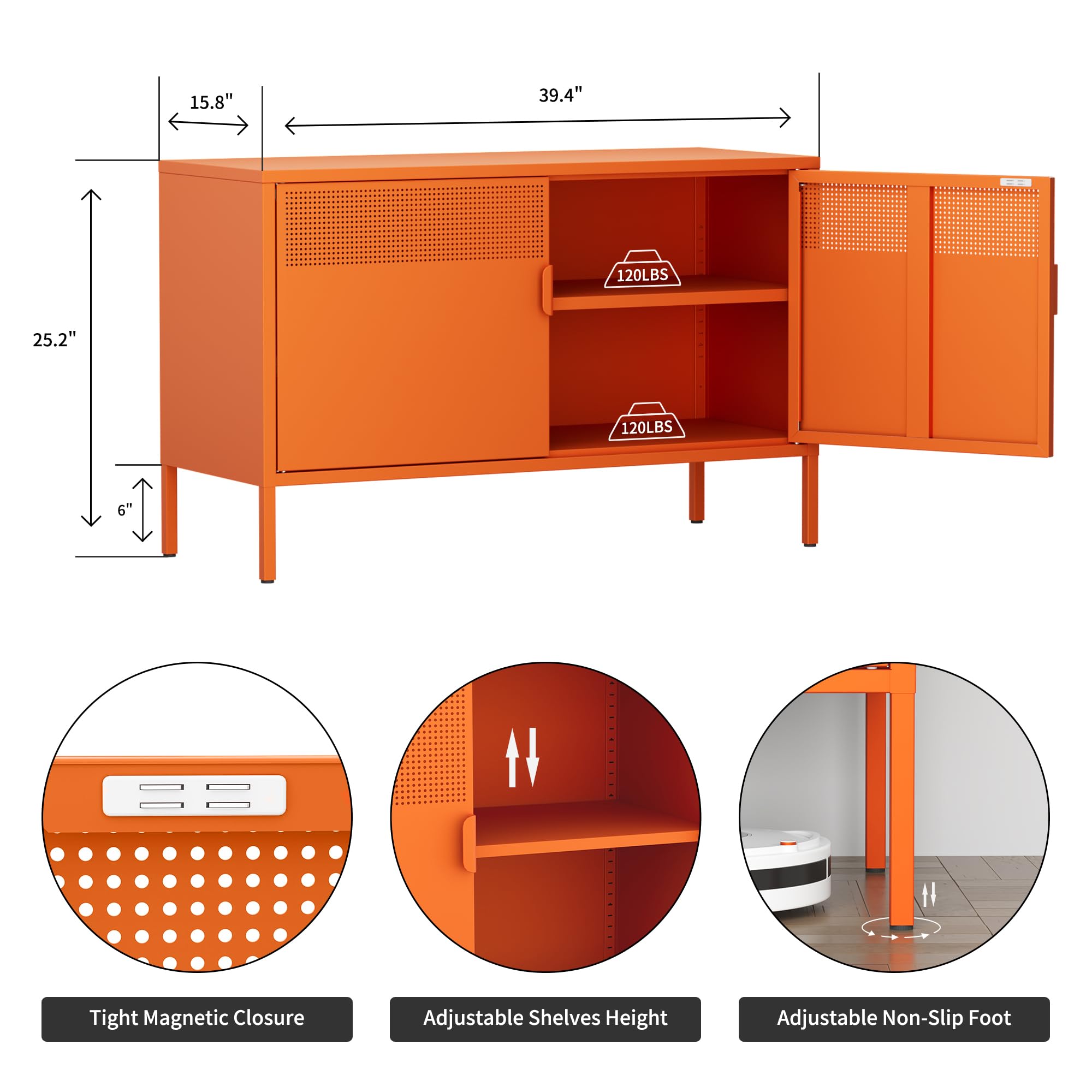 Orange Wide Metal Locker Storage Cabinet - 2 Door Industrial Style Cabinet for Home & Office Organization - 2 Tier Low Profile Metal Cabinet with Adjustable Shelf - Perfect as TV Stand, Entryway Storage or Dorm Room Furniture